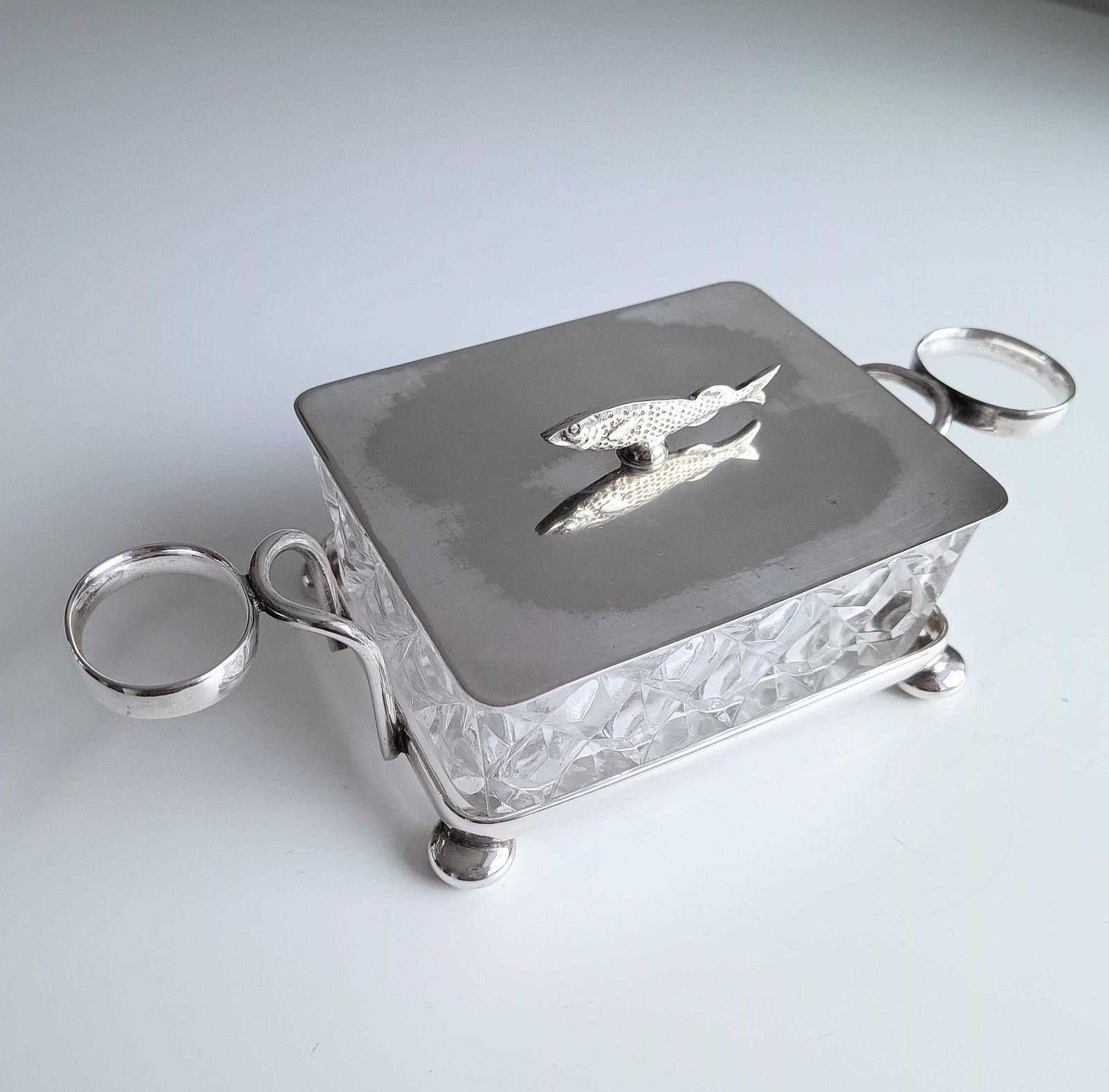 Home Decor Antique English Novelty Silver Plated Cut Glass Sardine Serving Dish: Zoomorphic Finial, 1890 photo