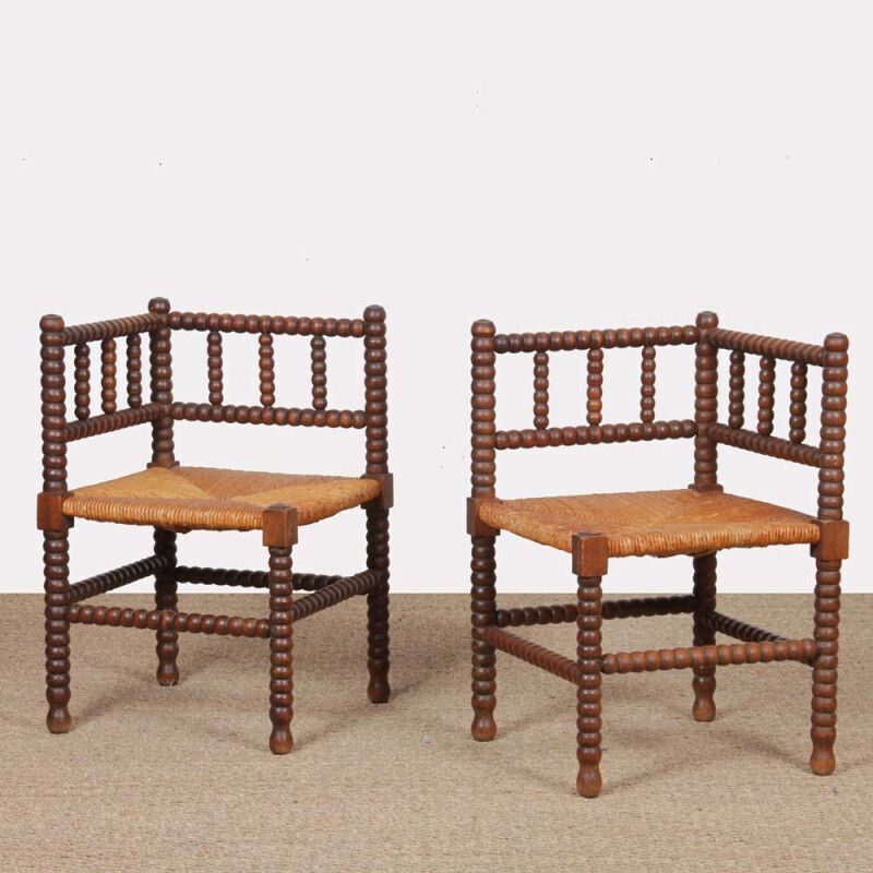 Pair Of Small Straw Seated Corner Chairs In Turned Wood, 1940