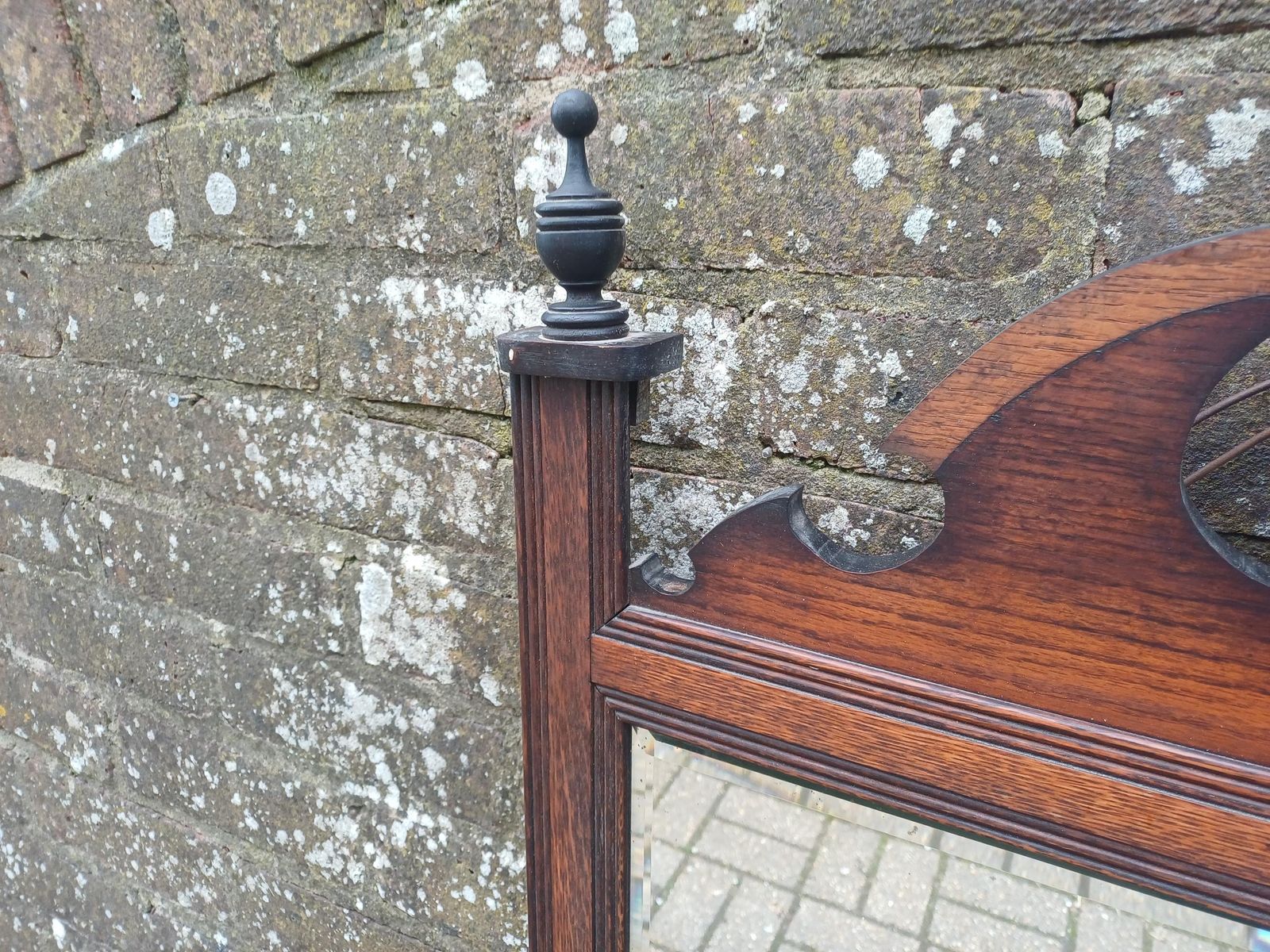 Large Victorian Solid Oak Over Mantel Or Wall Mirror Bevelled Glass Antique Wall Mirror With Fretwork Pediment & Finials photo vintage