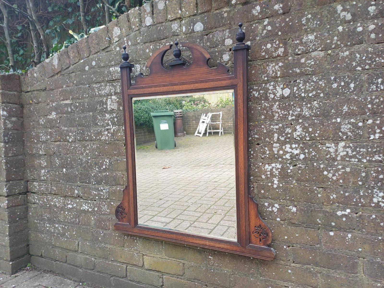 475.0 Large Victorian Solid Oak Over Mantel Or Wall Mirror Bevelled Glass Antique Wall Mirror With Fretwork Pediment & Finials photo