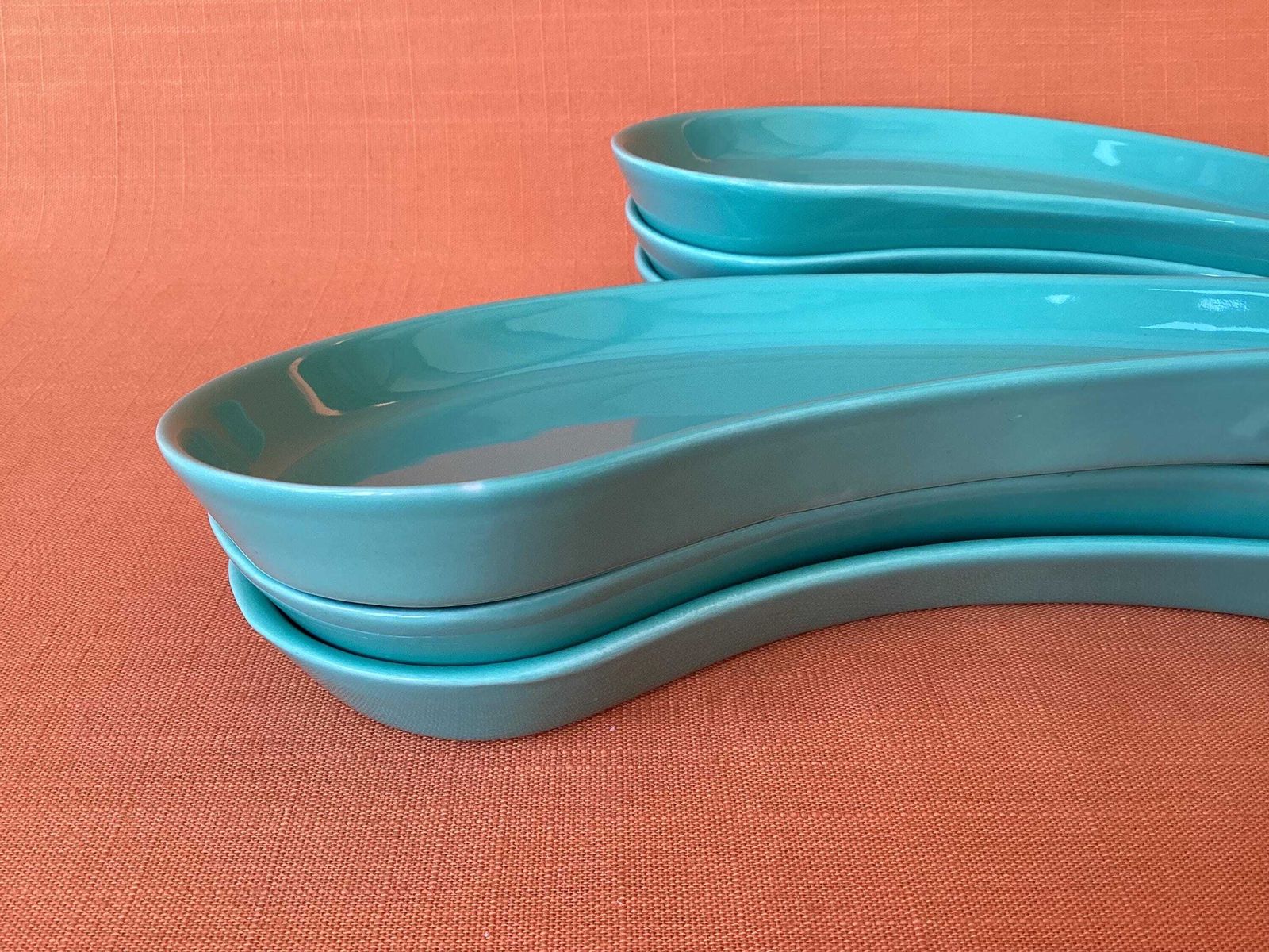photo for sale Set Of 6 Vintage Tg Green Kidney Shaped Plates, 1960s 70s Green Serving Dishes