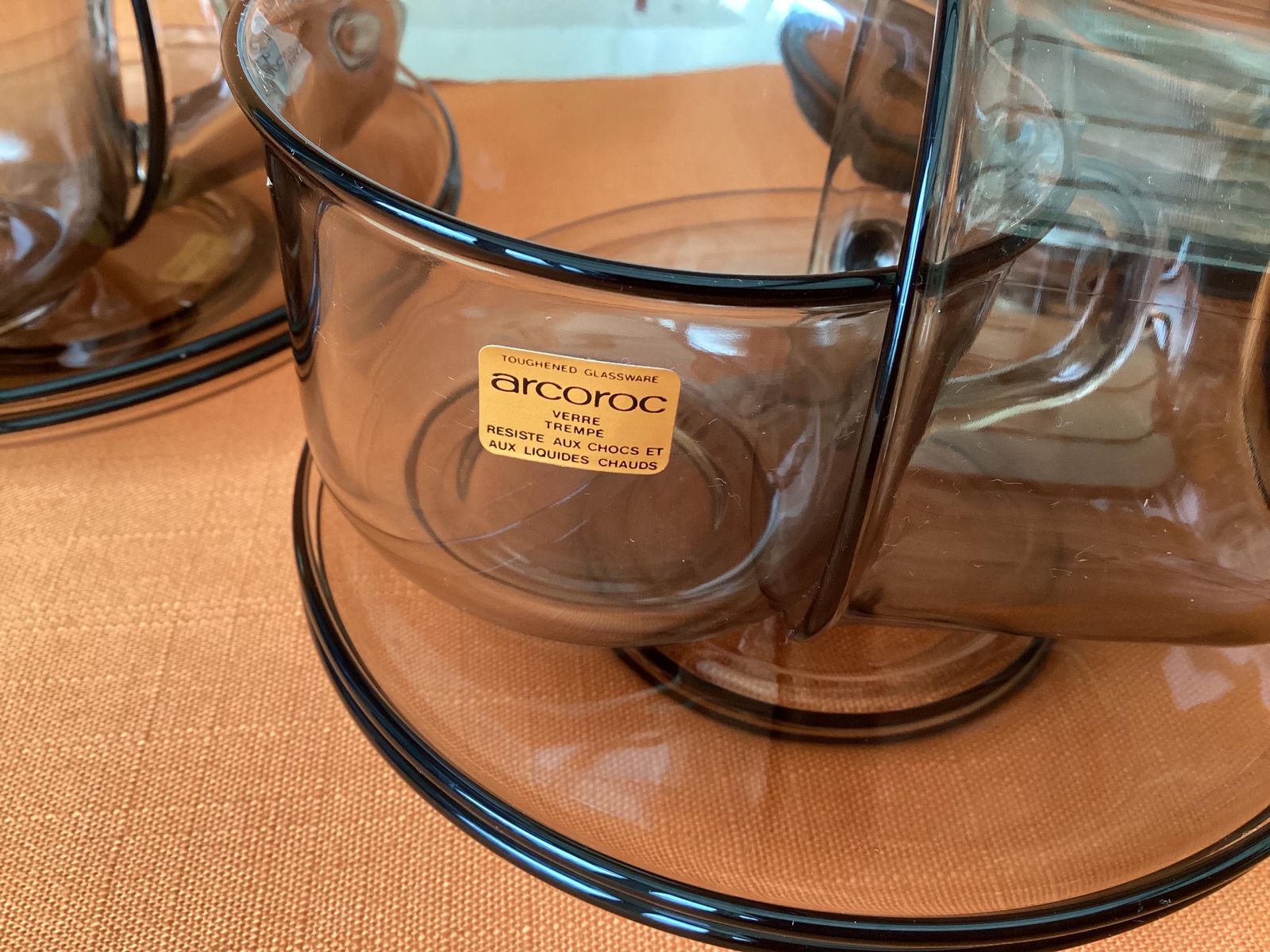 1980s Arcoroc Fumé Smoked Glass Tea Set, Retro French Cups Saucers Plates photo furniture