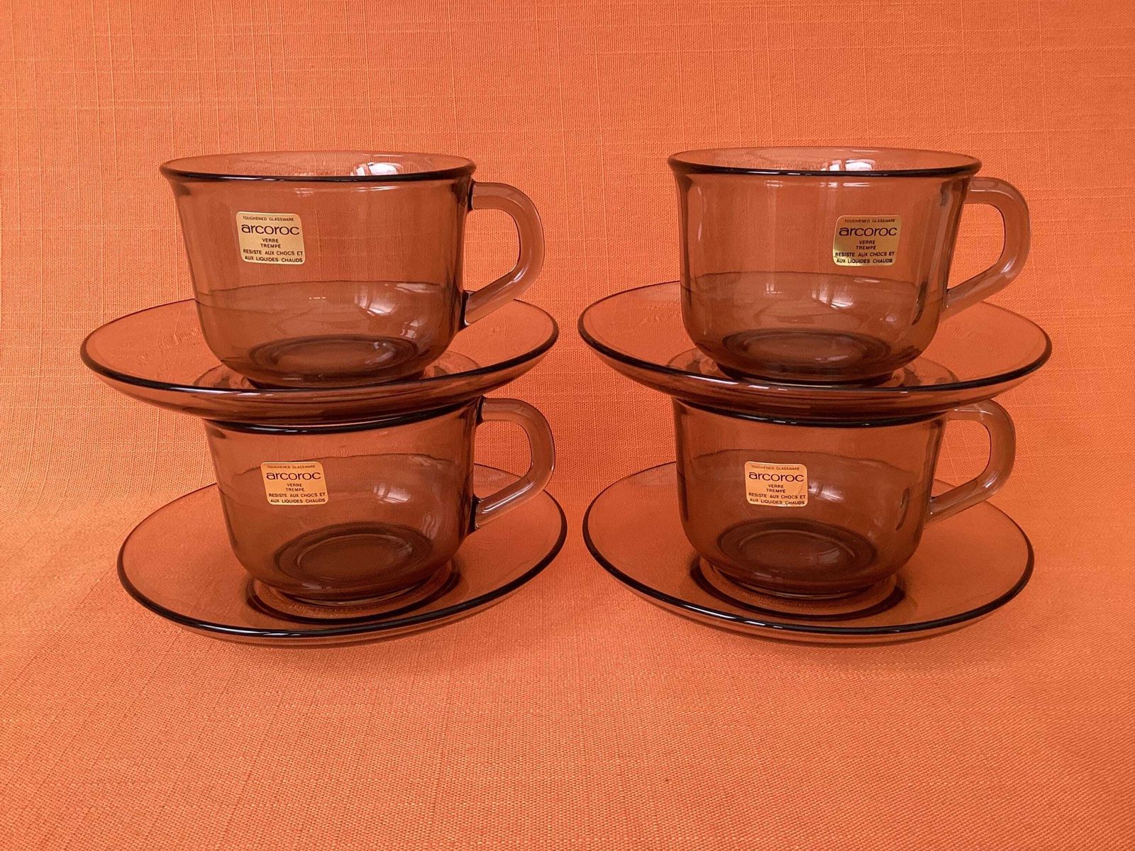 1980s Arcoroc Fumé Smoked Glass Tea Set, Retro French Cups Saucers Plates photo Home Decor