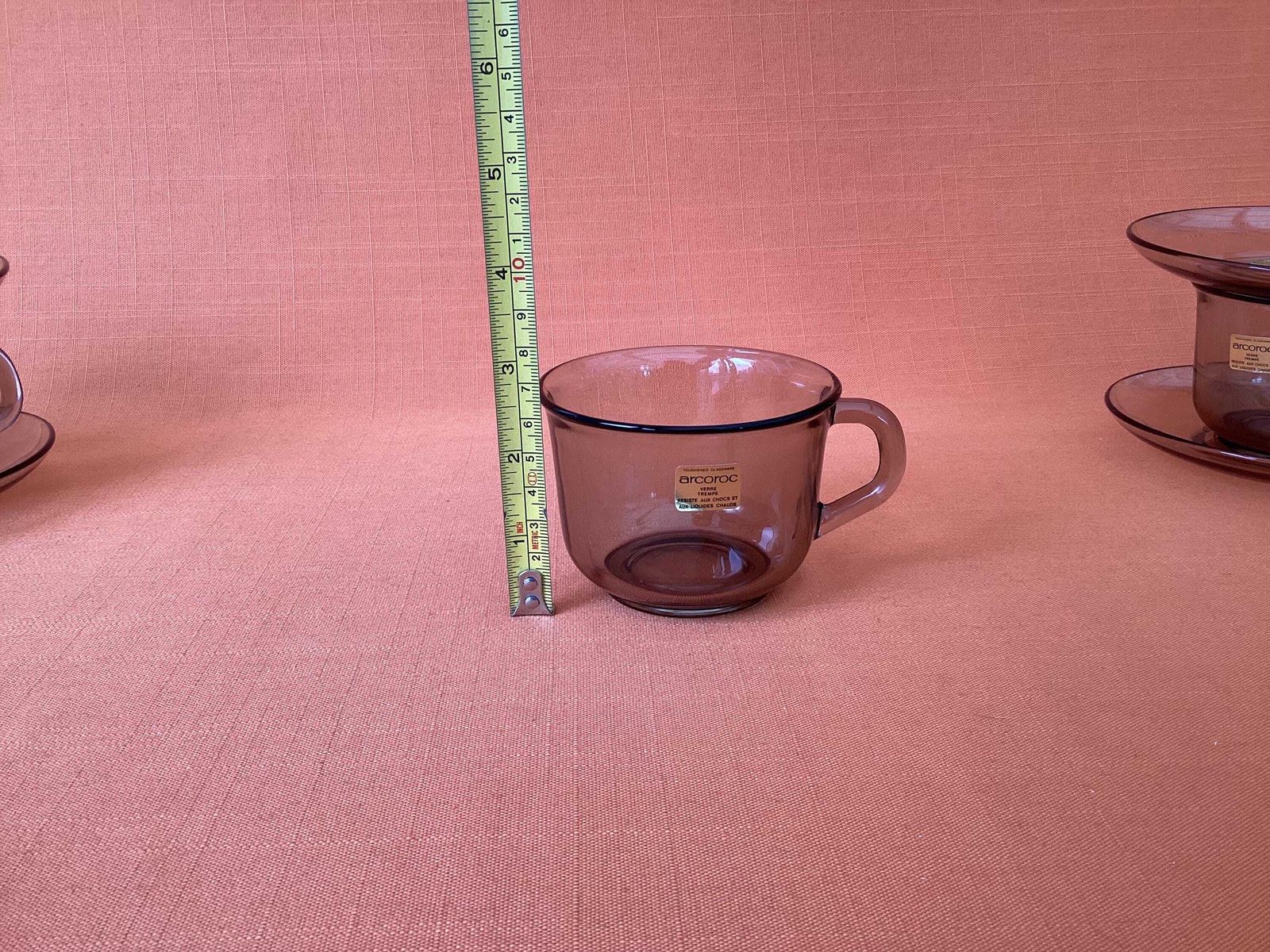 photo furniture 1980s Arcoroc Fumé Smoked Glass Tea Set, Retro French Cups Saucers Plates