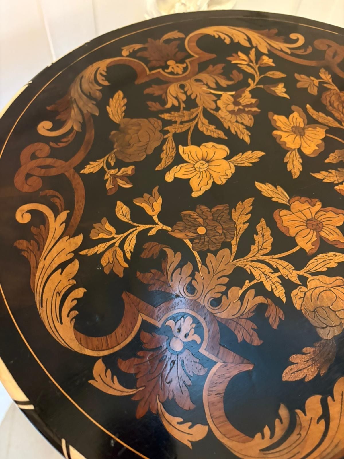 Quality Antique Italian Ebonised And Marquetry Inlaid Pedestal Occasional Centre Table photo vinterior