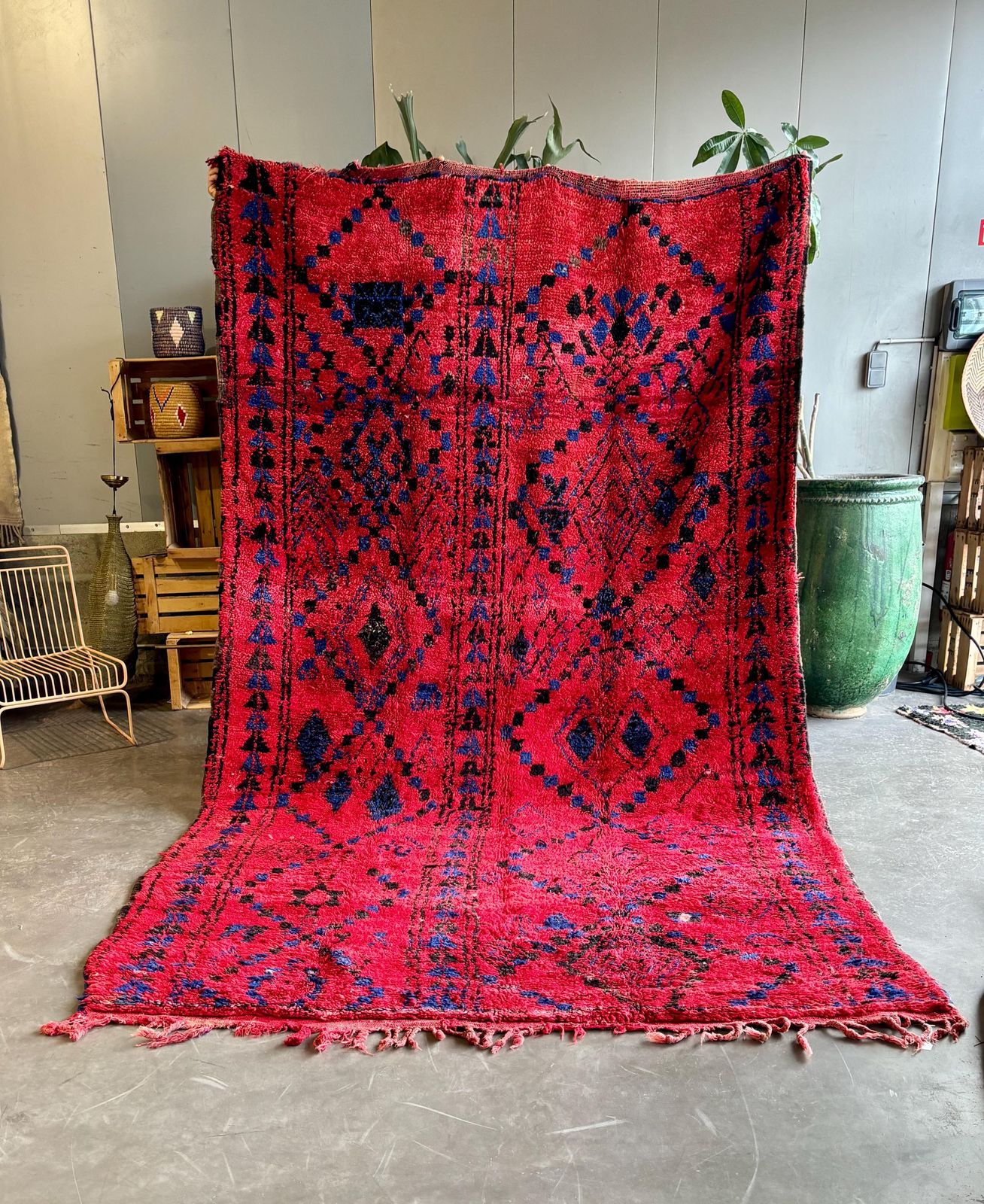 Vintage Moroccan Boujad Rug – Red & Blue Tribal Berber Carpet – 200 × 360 Cm