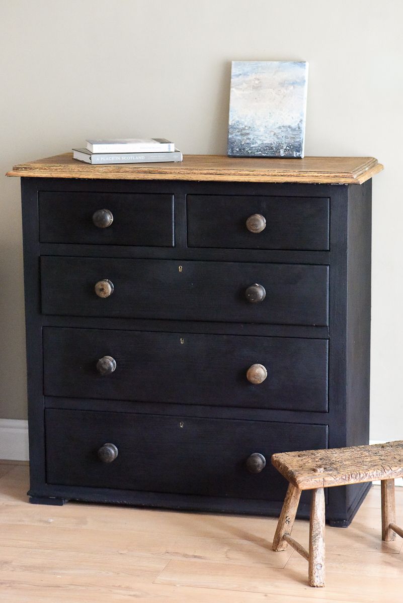 Rustic Black Chest Of Drawers In Oak. photo vintage