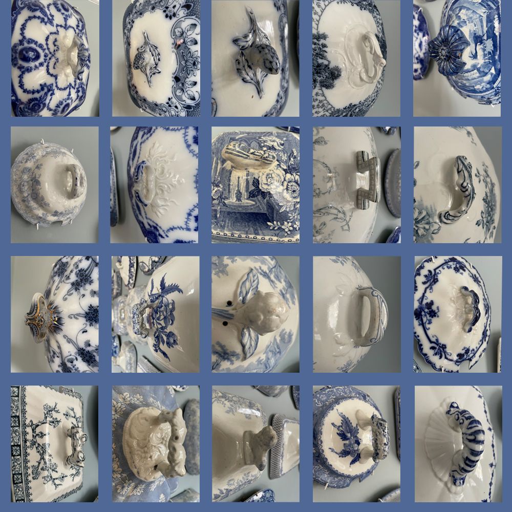 Set Of 30 Blue And White China Antique Tureen Lids Wall Display photo for sale