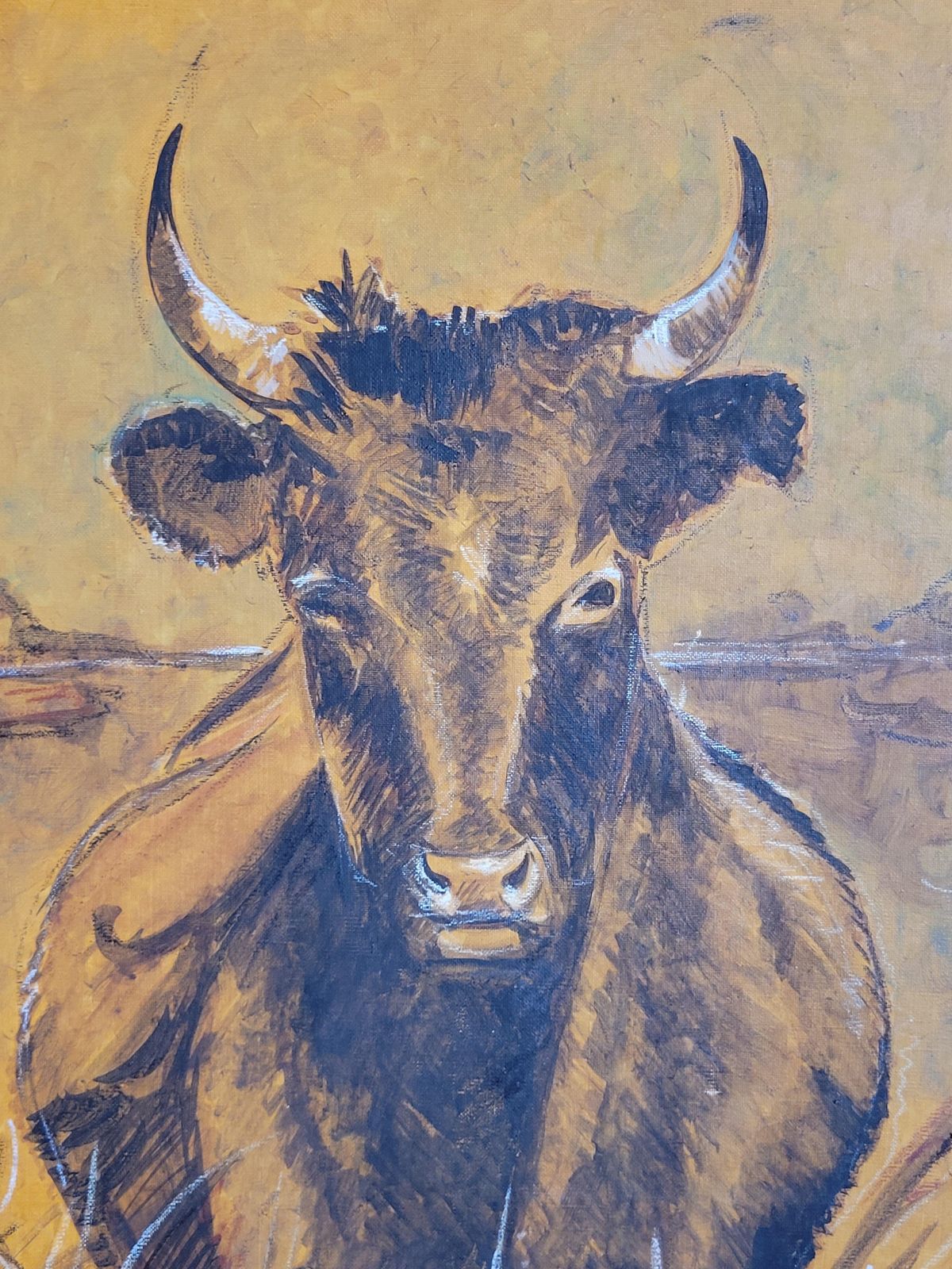 Bull Grazing, Late 20th Century Acrylic On Canvas, Signed, 100x50 Cm 1970s. photo furniture
