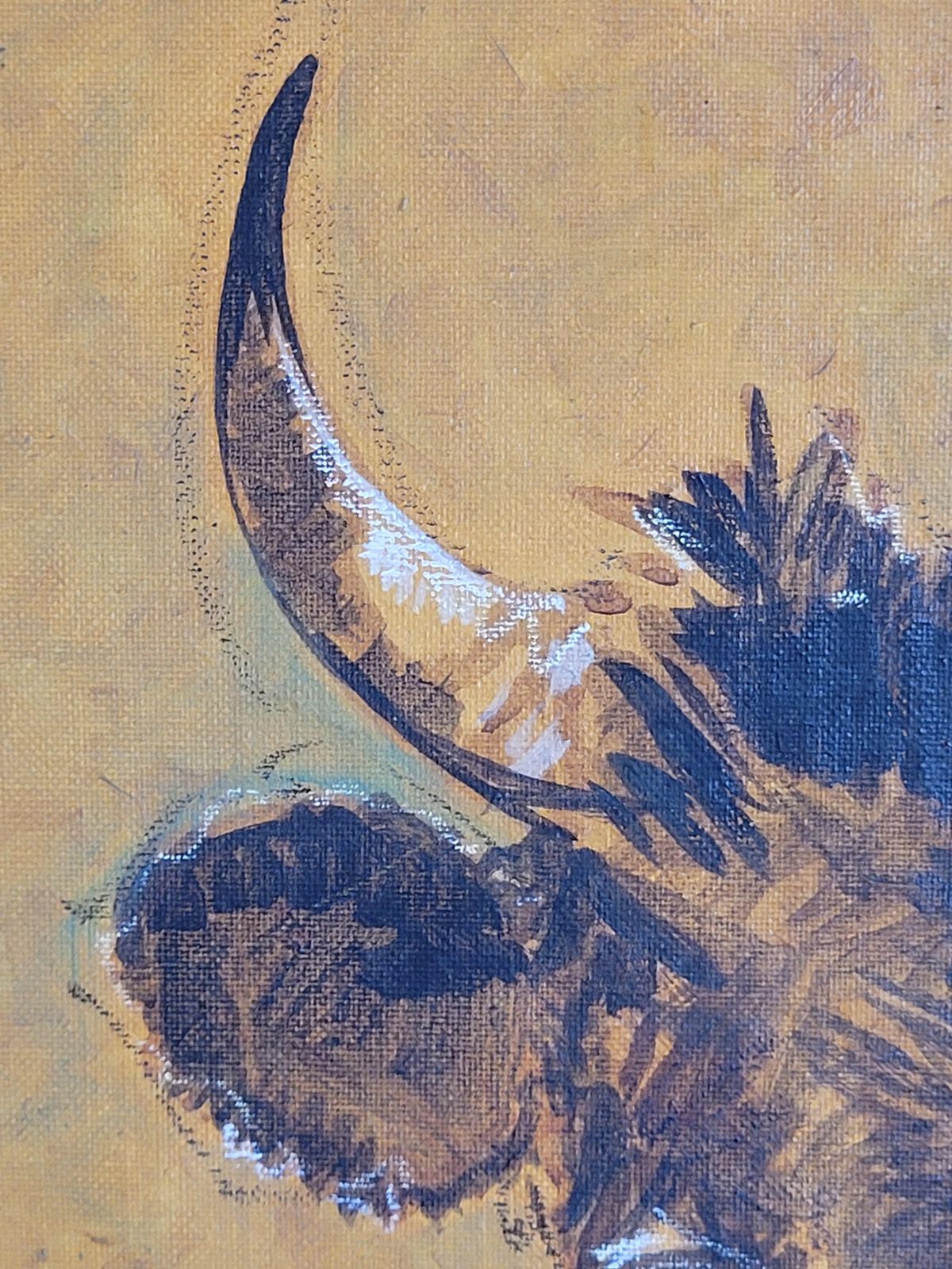 Bull Grazing, Late 20th Century Acrylic On Canvas, Signed, 100x50 Cm 1970s. photo vintage