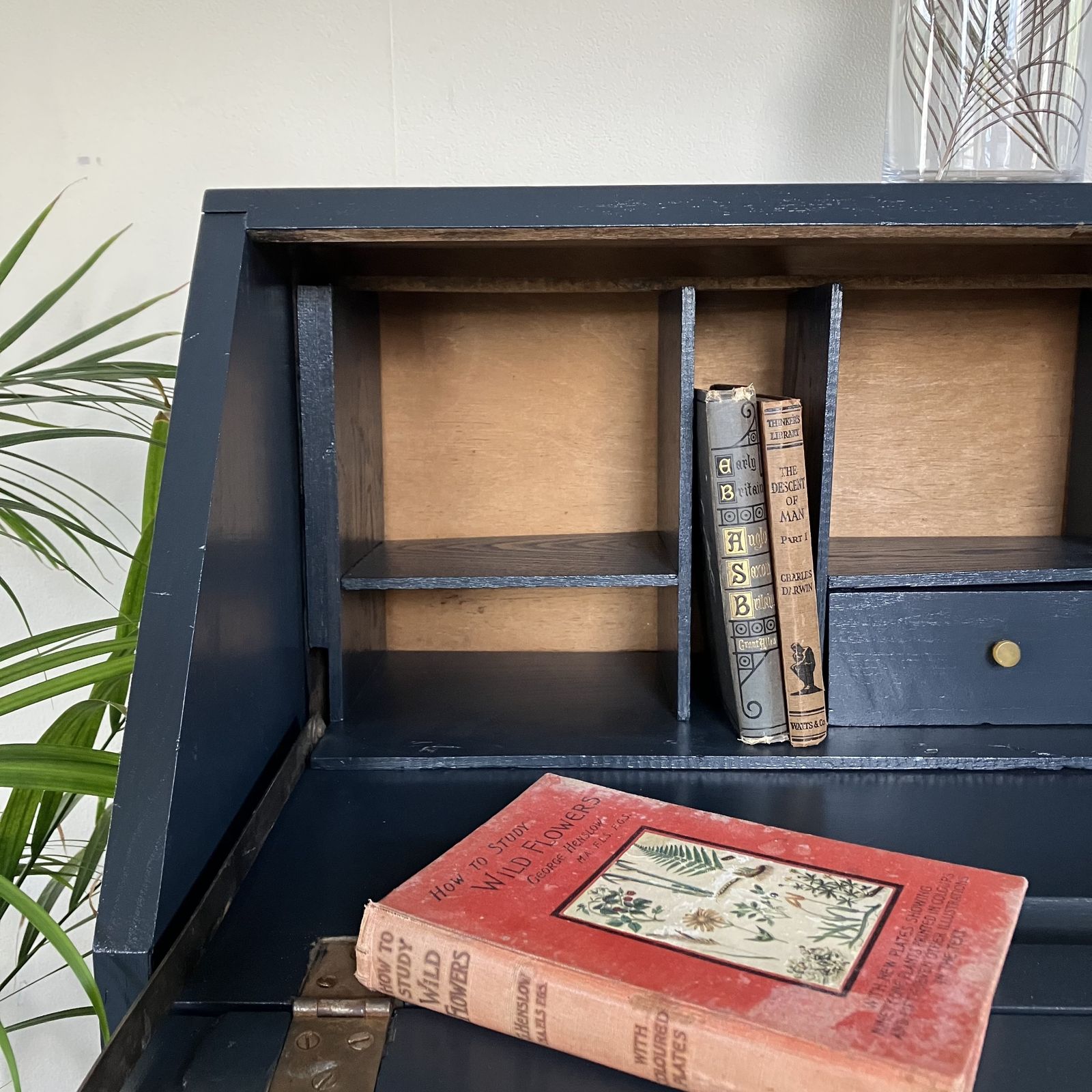 Antique Painted Blueish Black Carved Writing Bureau / Writing Desk / Secretaire; Farrow And Ball Railings photo vintage