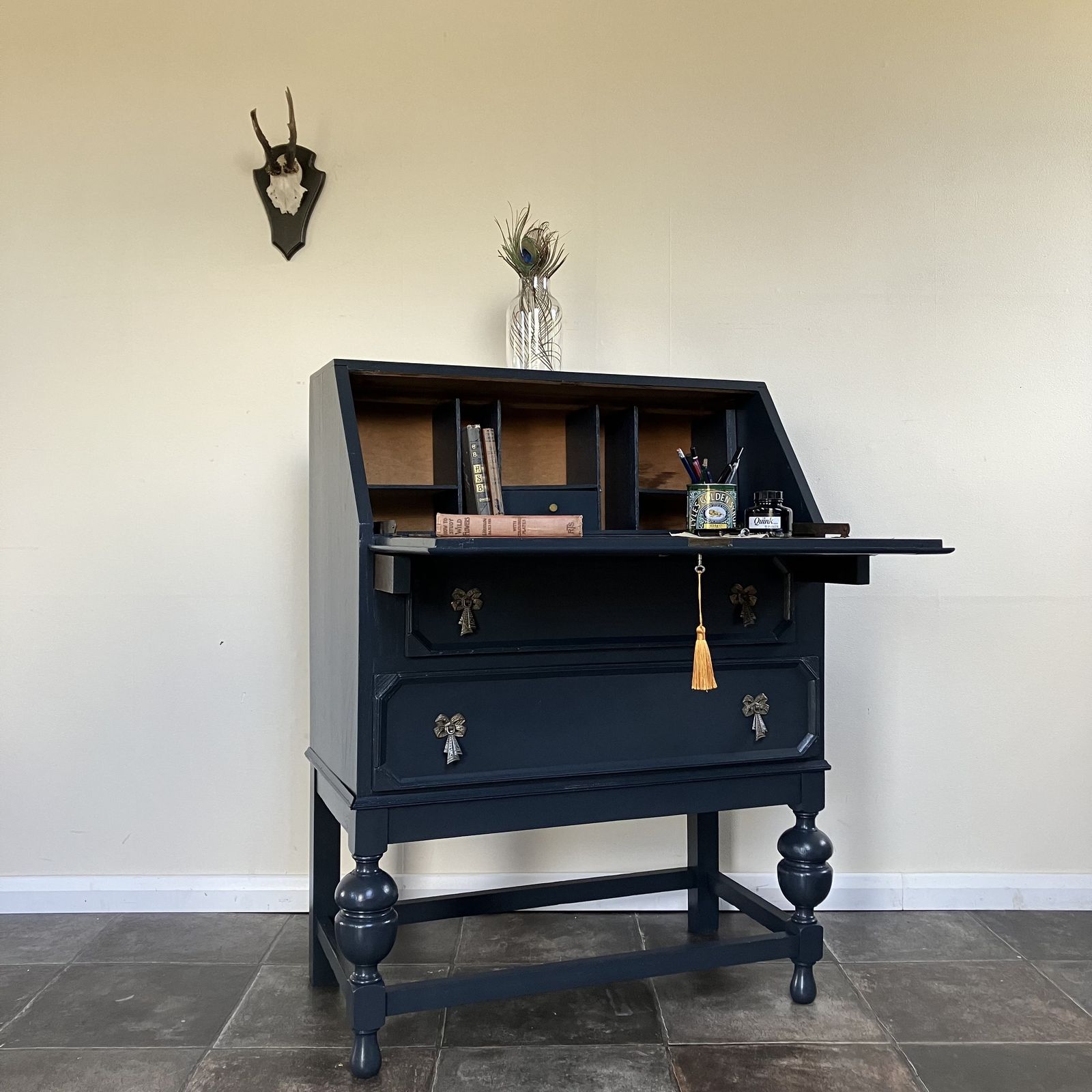 Antique Painted Blueish Black Carved Writing Bureau / Writing Desk / Secretaire; Farrow And Ball Railings photo vinterior