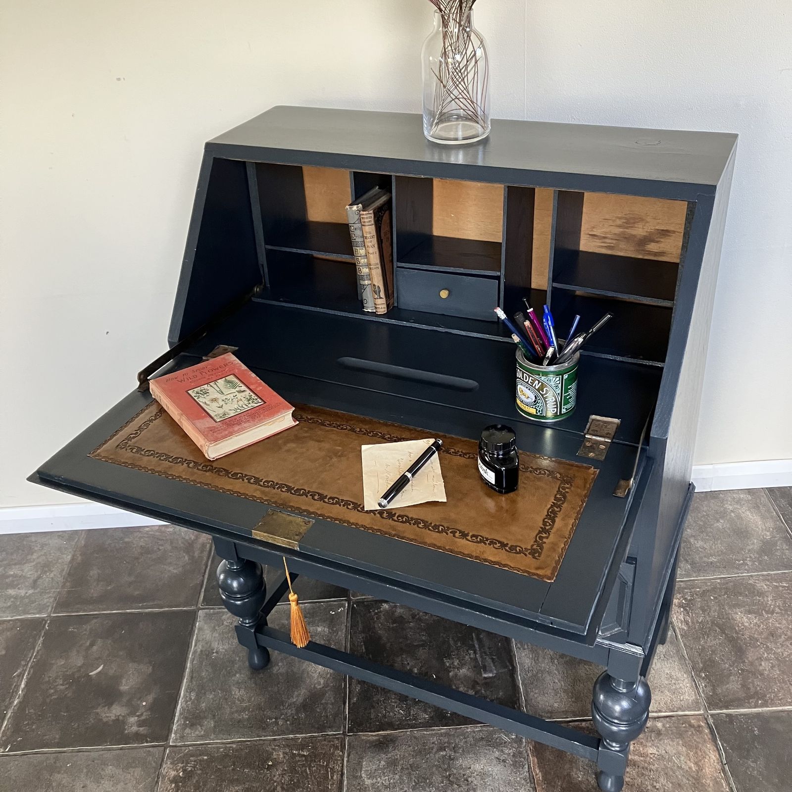 595.0 Antique Painted Blueish Black Carved Writing Bureau / Writing Desk / Secretaire; Farrow And Ball Railings photo