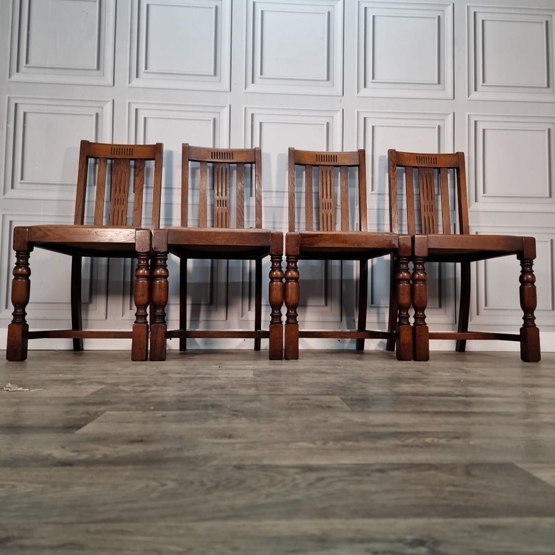 Vintage Oak Dining Chairs Set 4 Solid Wooden Slat Back Faux Leather Seats photo for sale