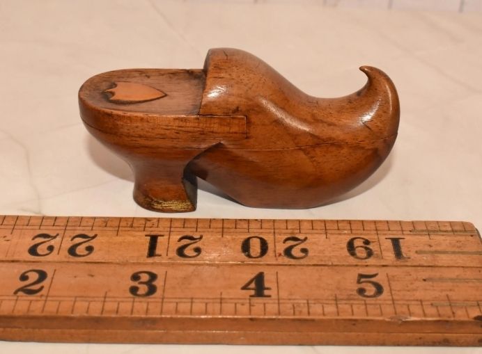 Antique Puzzle Snuff Box   Stunning Wooden Shoe Secret Cavity Novelty Casket photo vintage