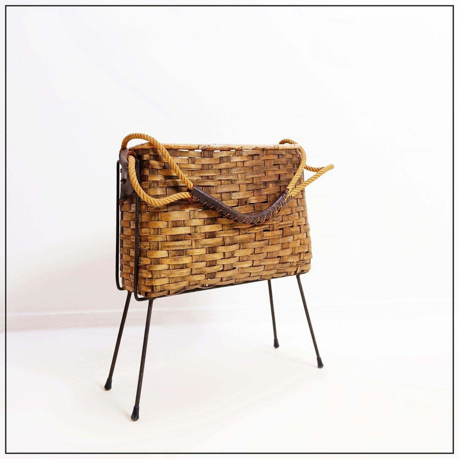 photo furniture Vintage Wicker And Metal Magazine Holder   1960s