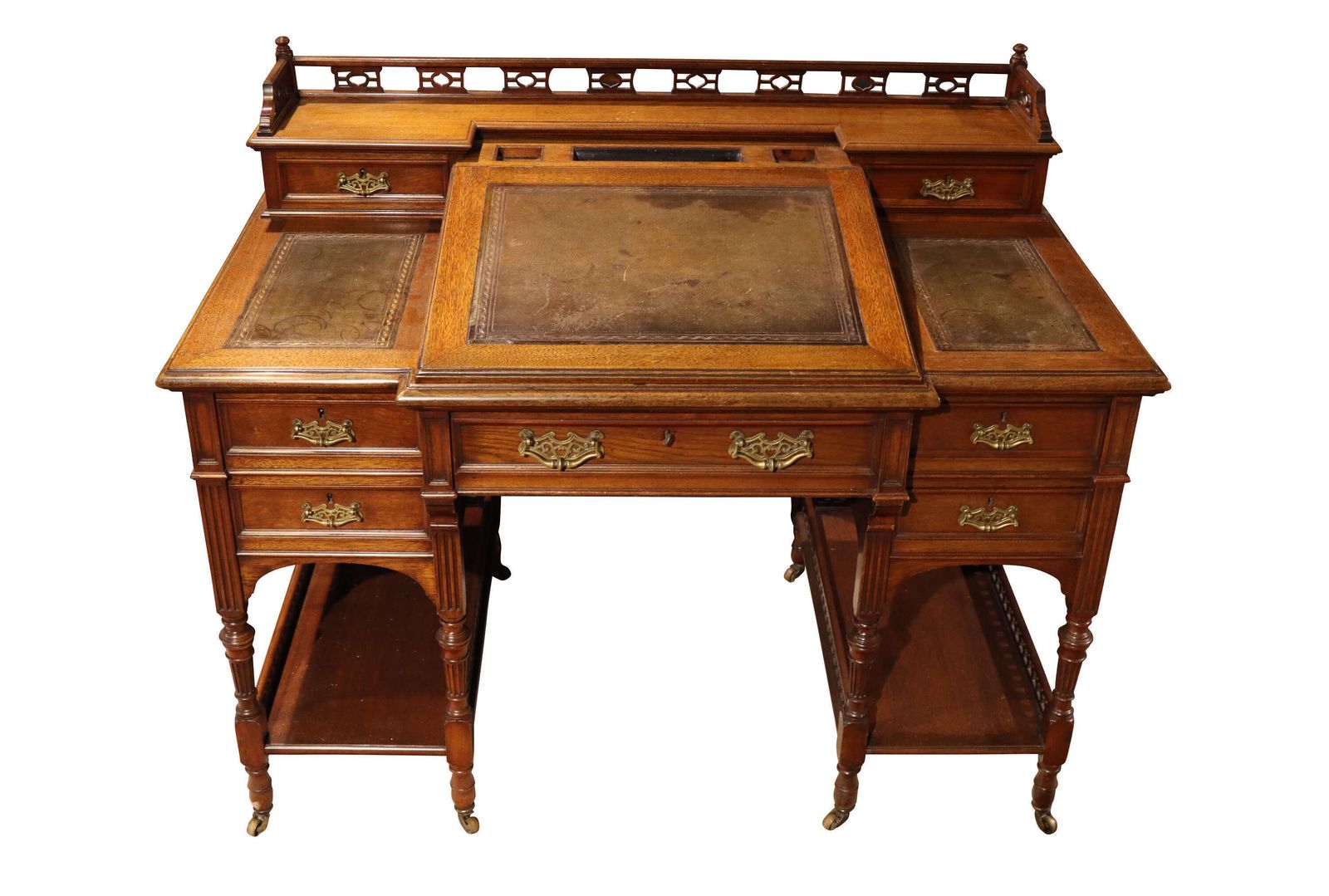 Edwardian Walnut Dickens Style Writing Desk With Leather Inset Top & Gallery Back, C.1900 photo for sale