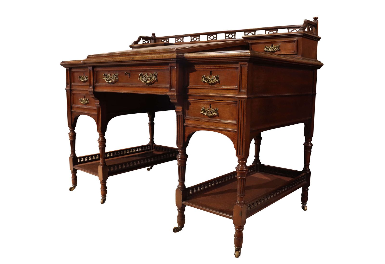 Edwardian Walnut Dickens Style Writing Desk With Leather Inset Top & Gallery Back, C.1900 photo Furniture