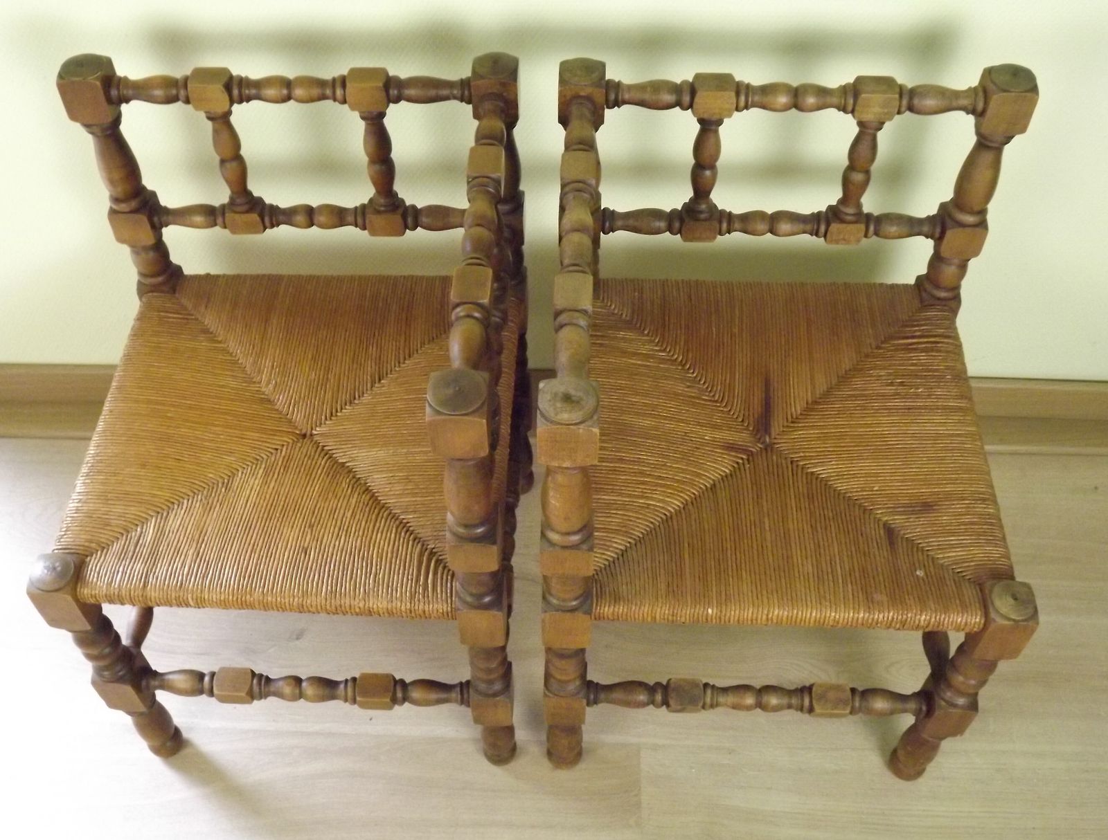 French Antique Turned Wooden Bobbin Chairs With Rush Seats – Matching Pair photo Furniture