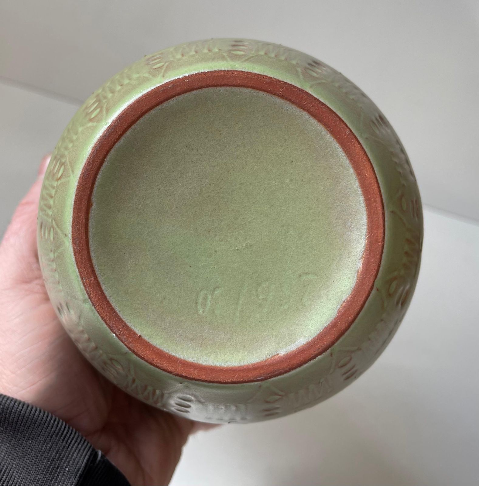 Ovoid Ceramic Vase In Green Glaze In The Style Of Anna Lisa Thomson photo vintage
