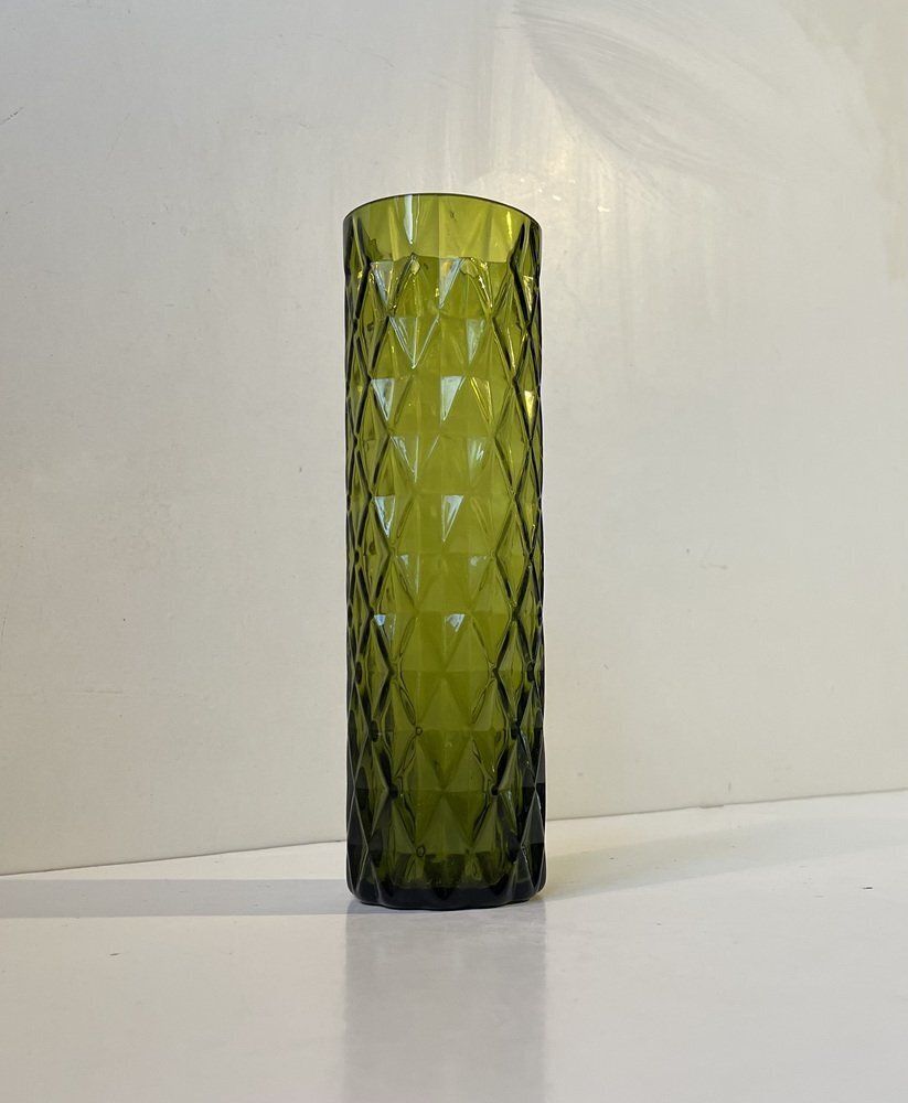 French Art Deco Geometric Green Glass Vase, 1950s