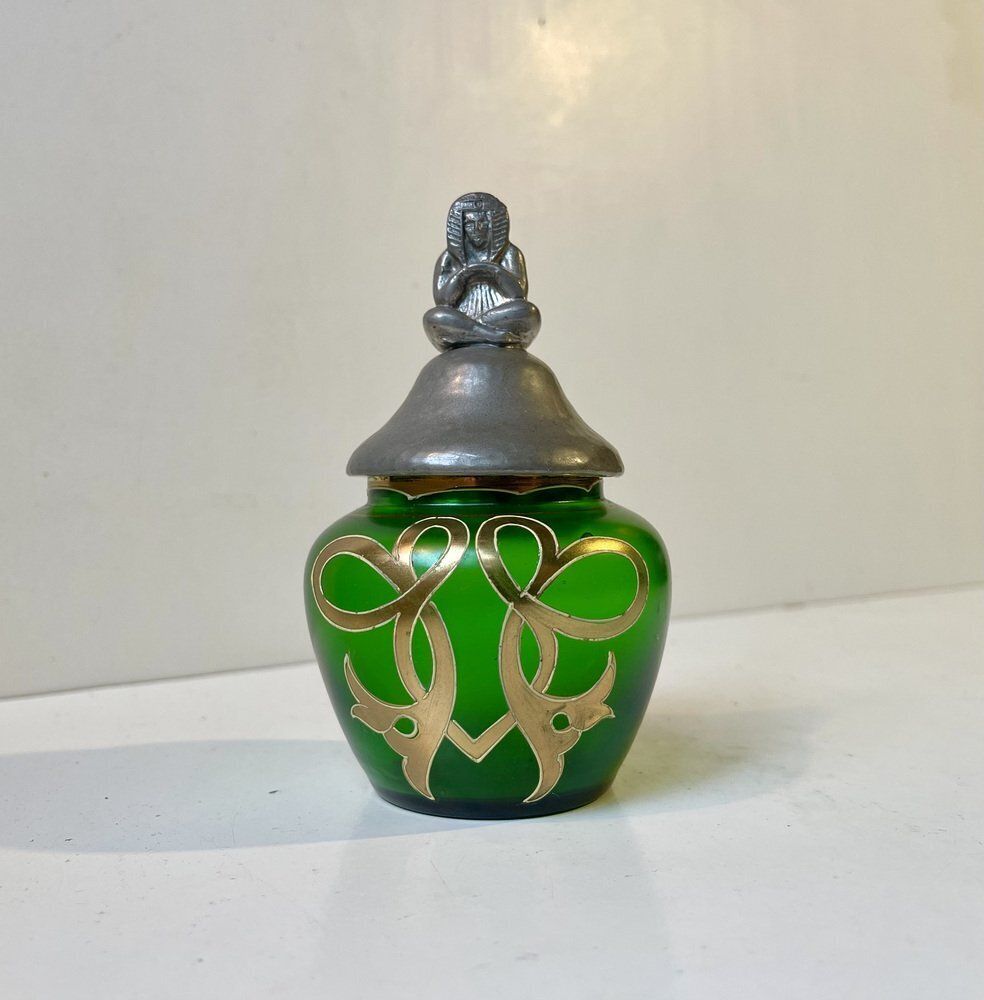 French Jugendstil Vanity Trinket Jar In Green Glass And Pewter, 1890s