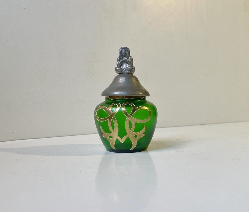 French Jugendstil Vanity Trinket Jar In Green Glass And Pewter, 1890s photo furniture