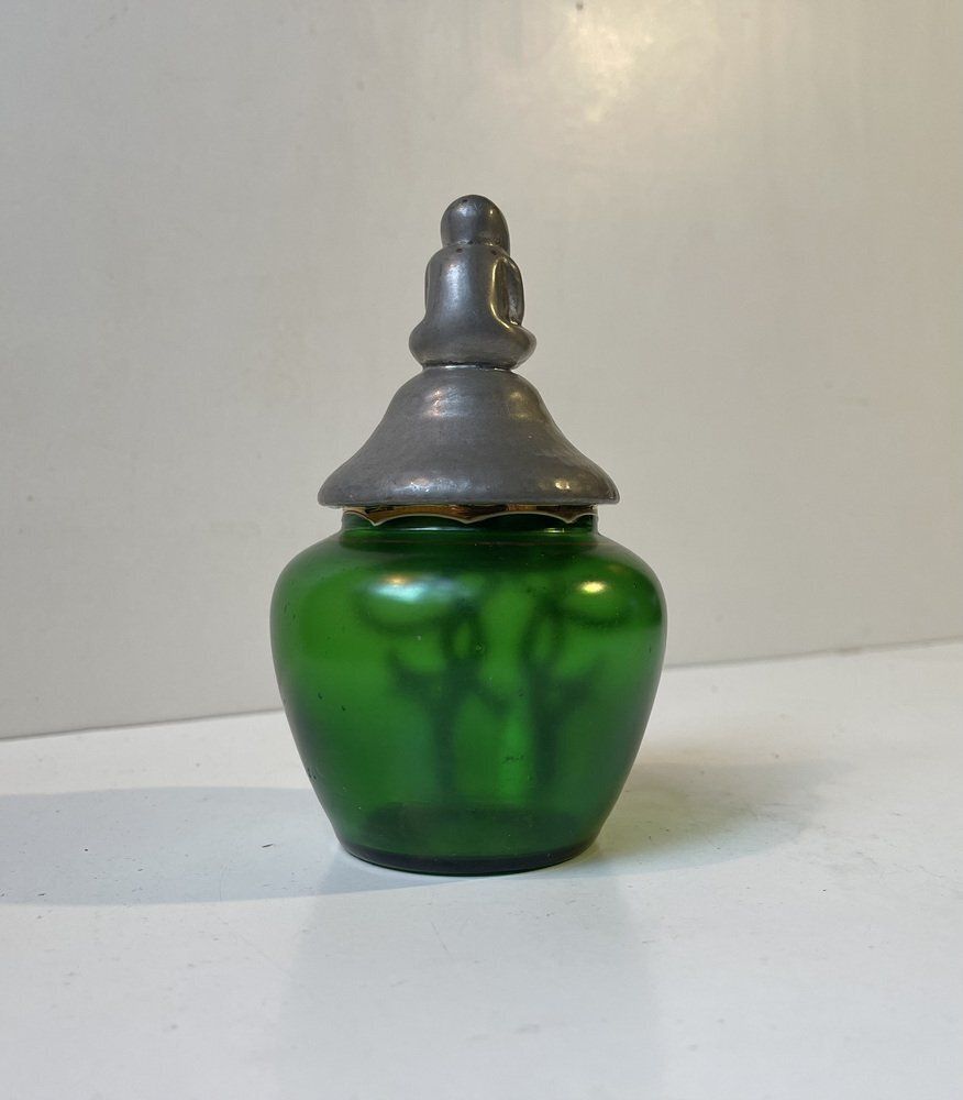 French Jugendstil Vanity Trinket Jar In Green Glass And Pewter, 1890s photo for sale