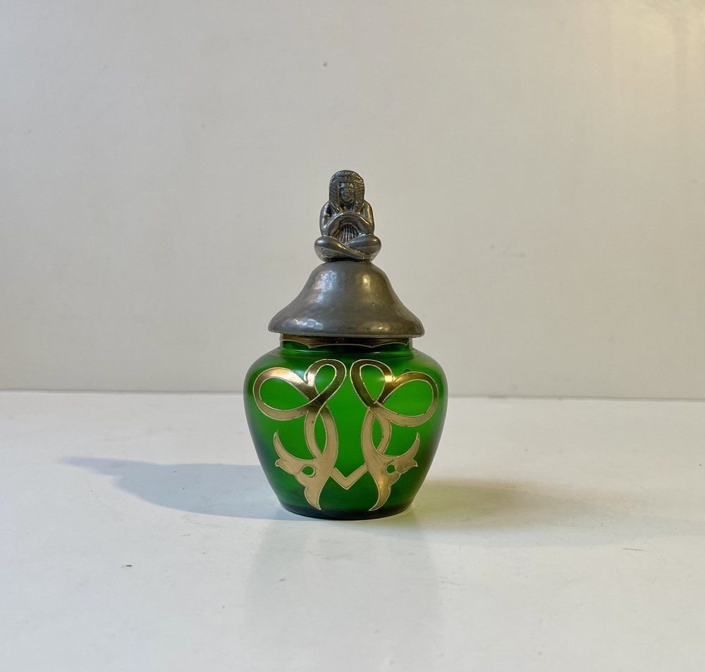 French Jugendstil Vanity Trinket Jar In Green Glass And Pewter, 1890s photo Home Decor