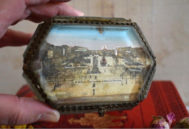 photo furniture Antique French Ormolu Glass Jewellery Casket With Le Havre Scene