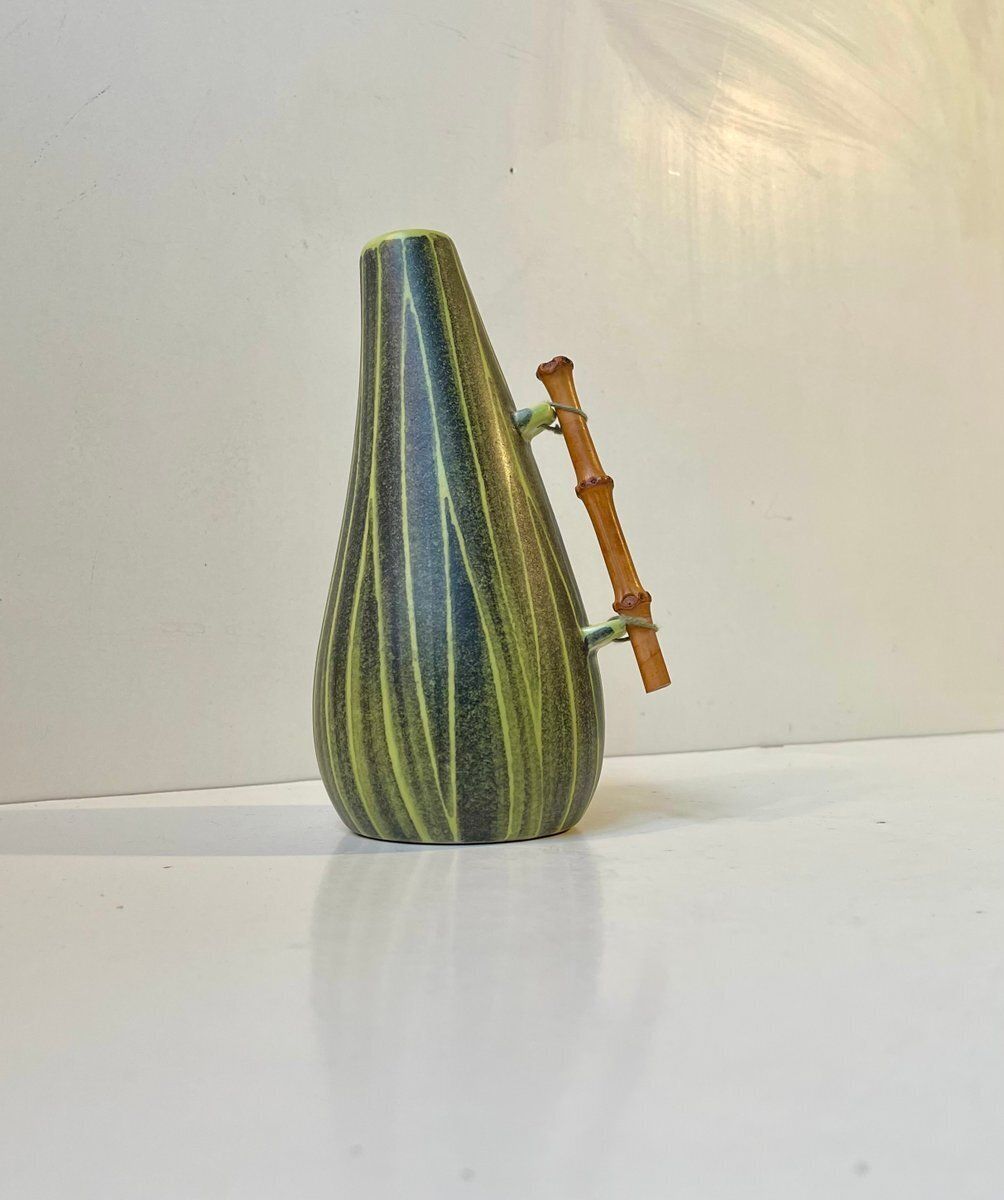 Modern Danish Ceramic Pumpkin Vase With Bamboo Handle From Elisabeth Loholt, 1950s photo for sale