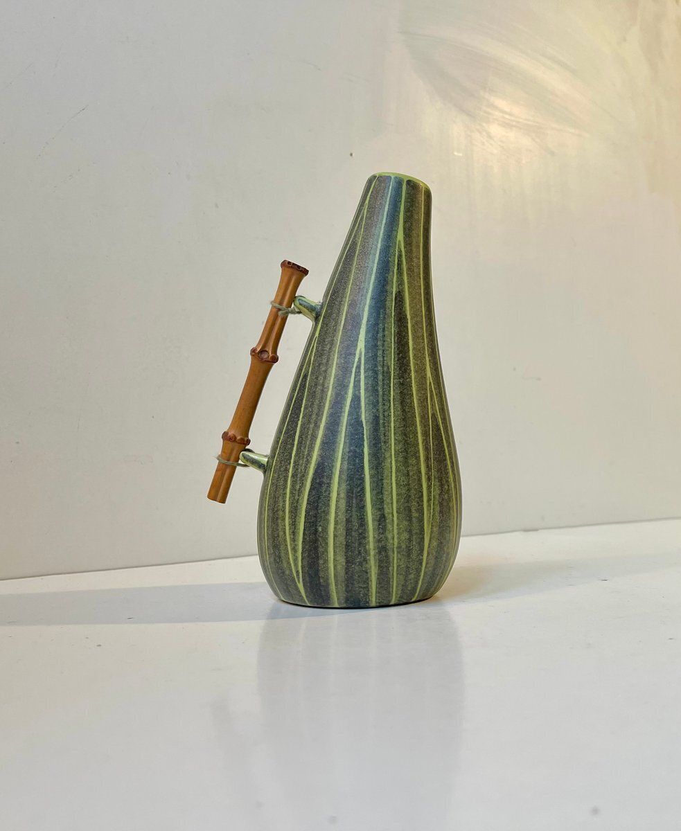 Modern Danish Ceramic Pumpkin Vase With Bamboo Handle From Elisabeth Loholt, 1950s photo Home Decor