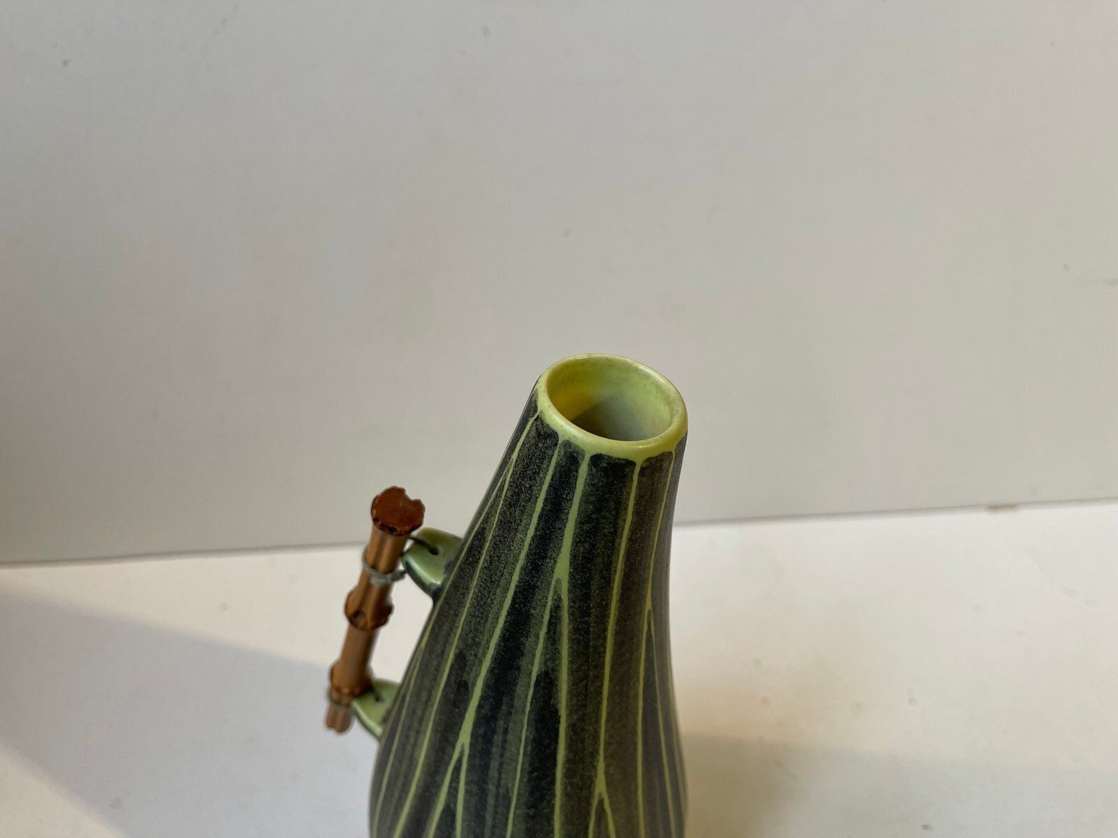 Modern Danish Ceramic Pumpkin Vase With Bamboo Handle From Elisabeth Loholt, 1950s photo vinterior