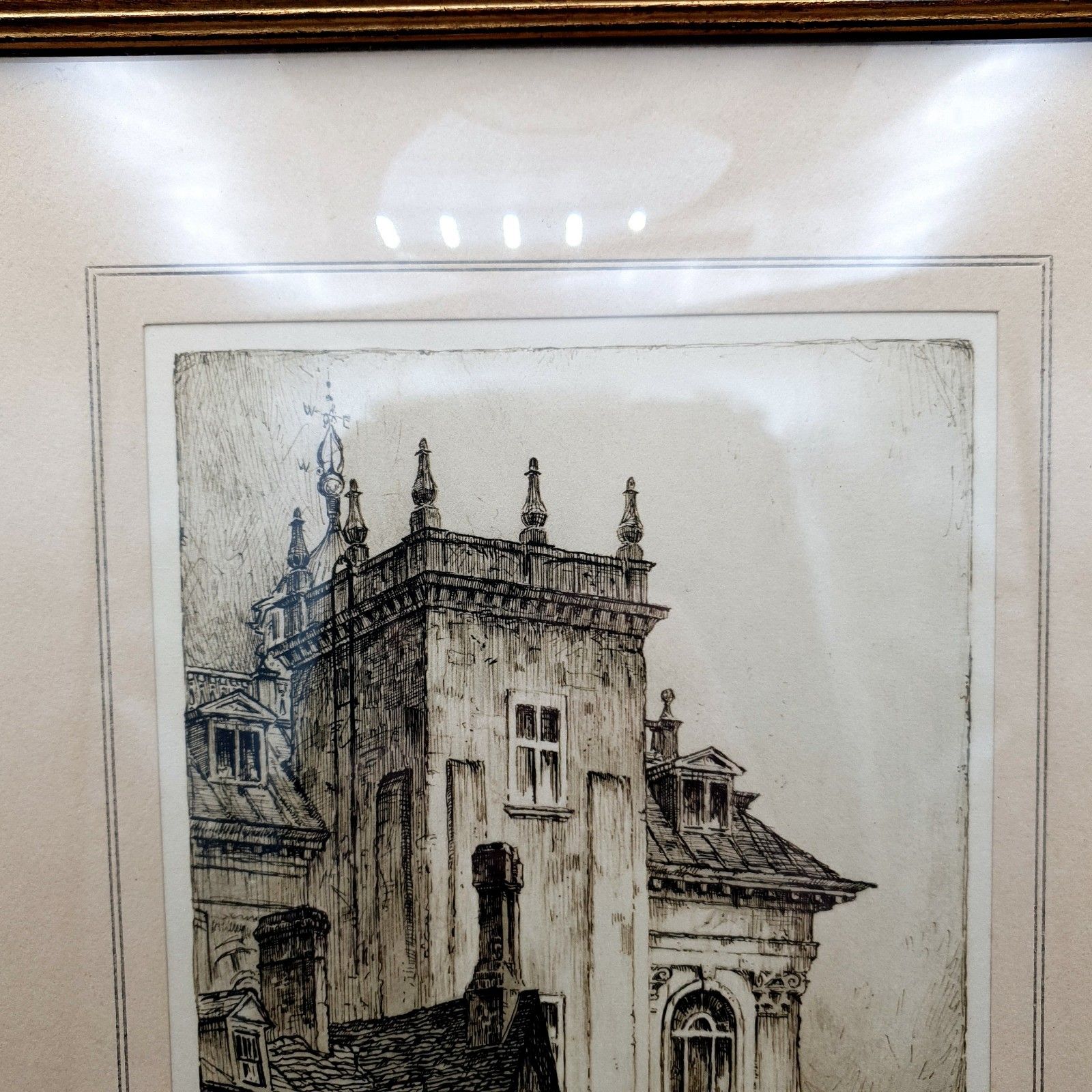 Vintage F. Robson Etching "The Town Hall Abingdon" Signed Architectural Print photo for sale