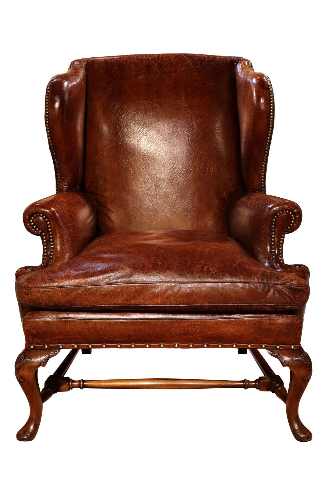 Antique 19th Century Hand Coloured Leather Wing Armchair On Walnut Cabriole Legs