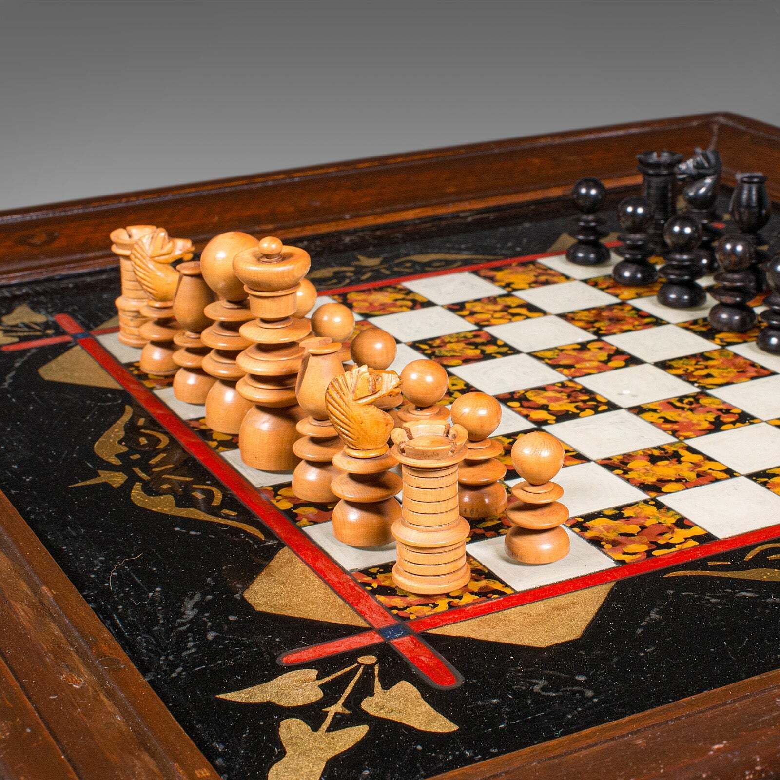 Antique Chess Board Set, English Painted Glass, Pine, Parlour Game, Edwardian photo for sale