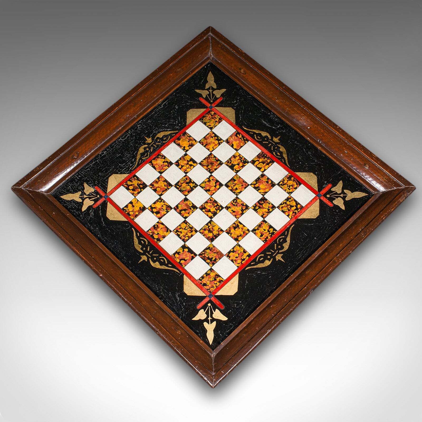 Antique Chess Board Set, English Painted Glass, Pine, Parlour Game, Edwardian photo buy