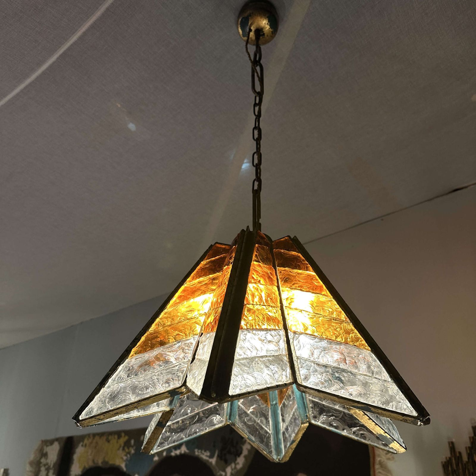 Poliarte Amber Glass Chandelier Star Form Italy 1970's photo for sale