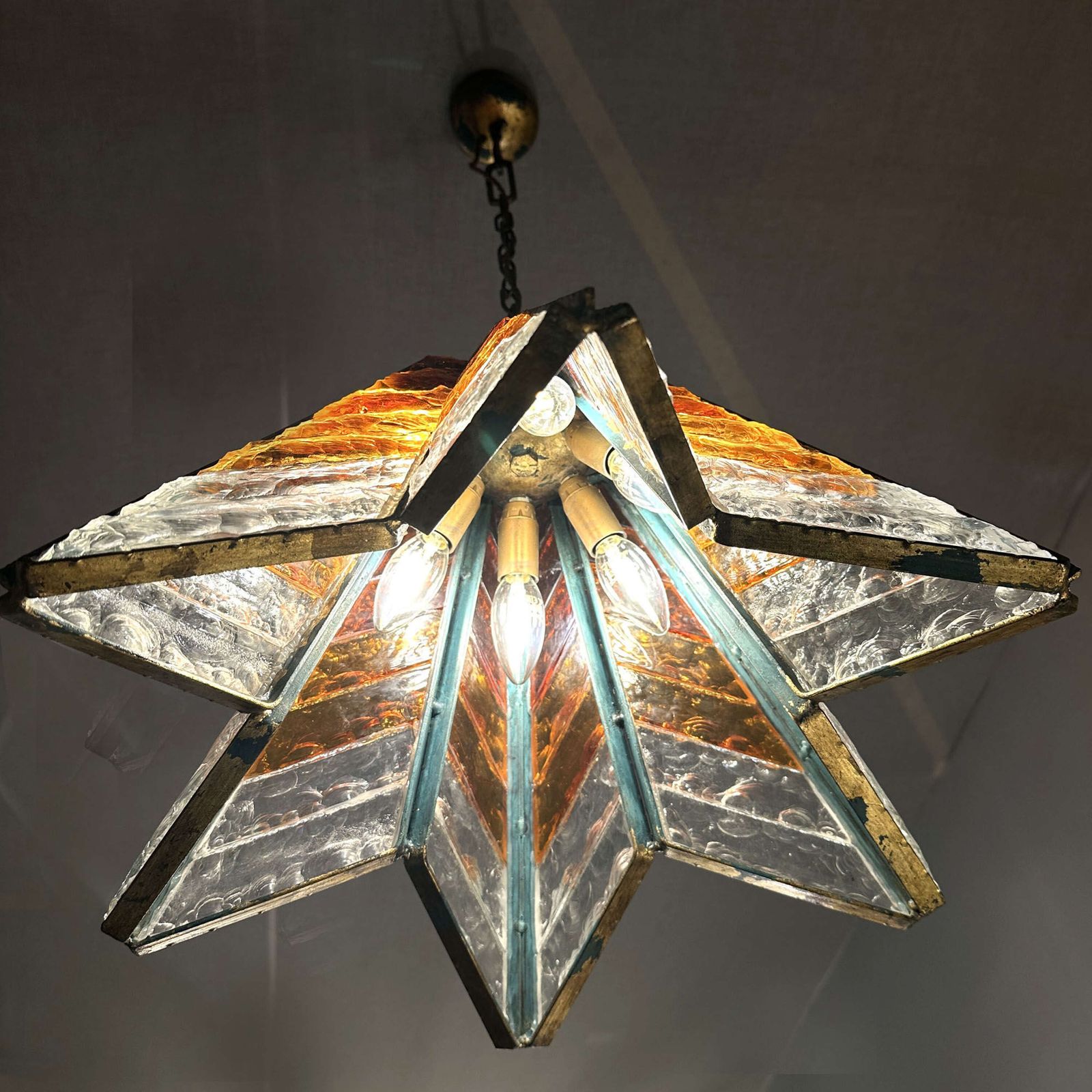 Lighting Poliarte Amber Glass Chandelier Star Form Italy 1970's photo