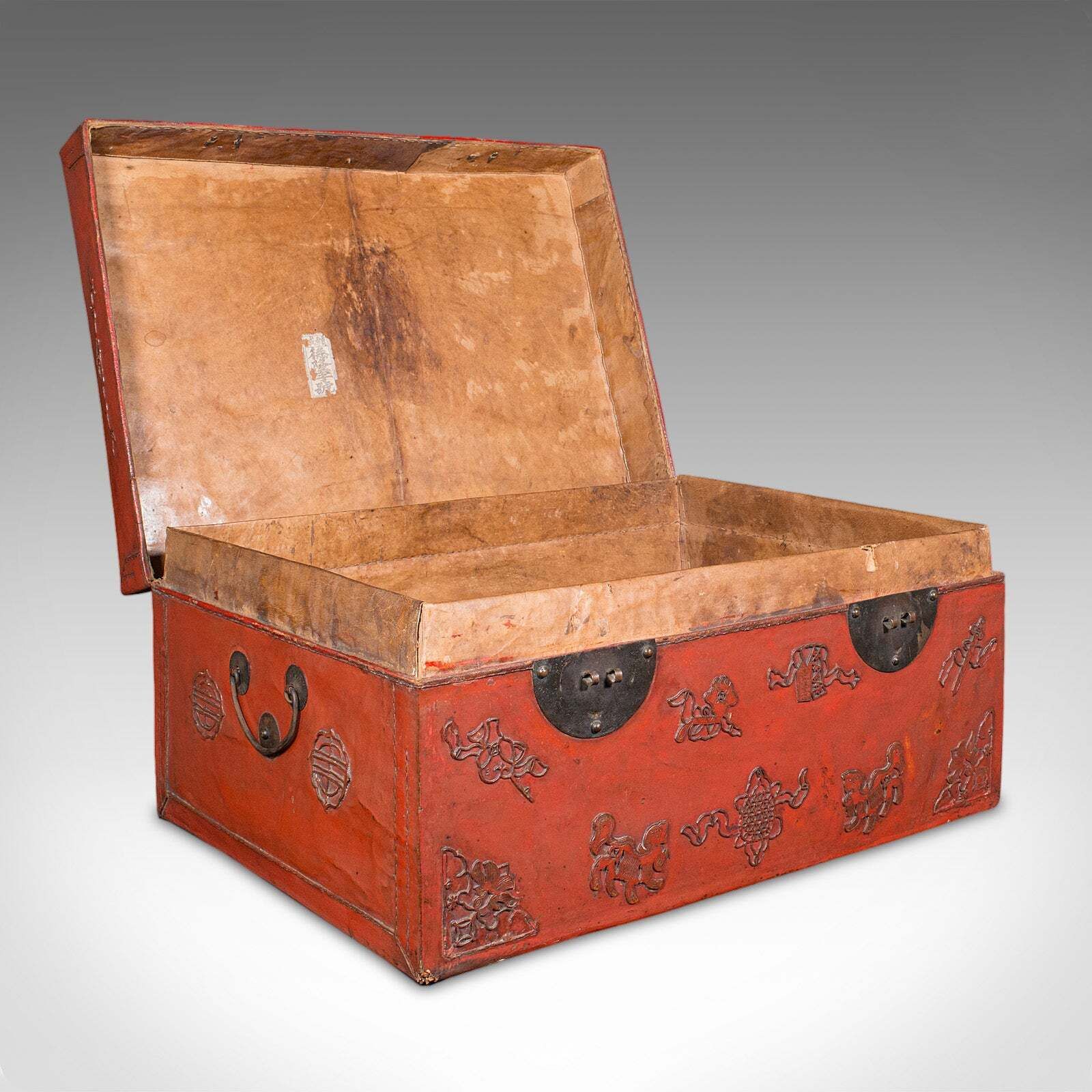 Vintage Decorative Trunk, Oriental, Leather, Travel Case, Storage Case, Art Deco photo furniture