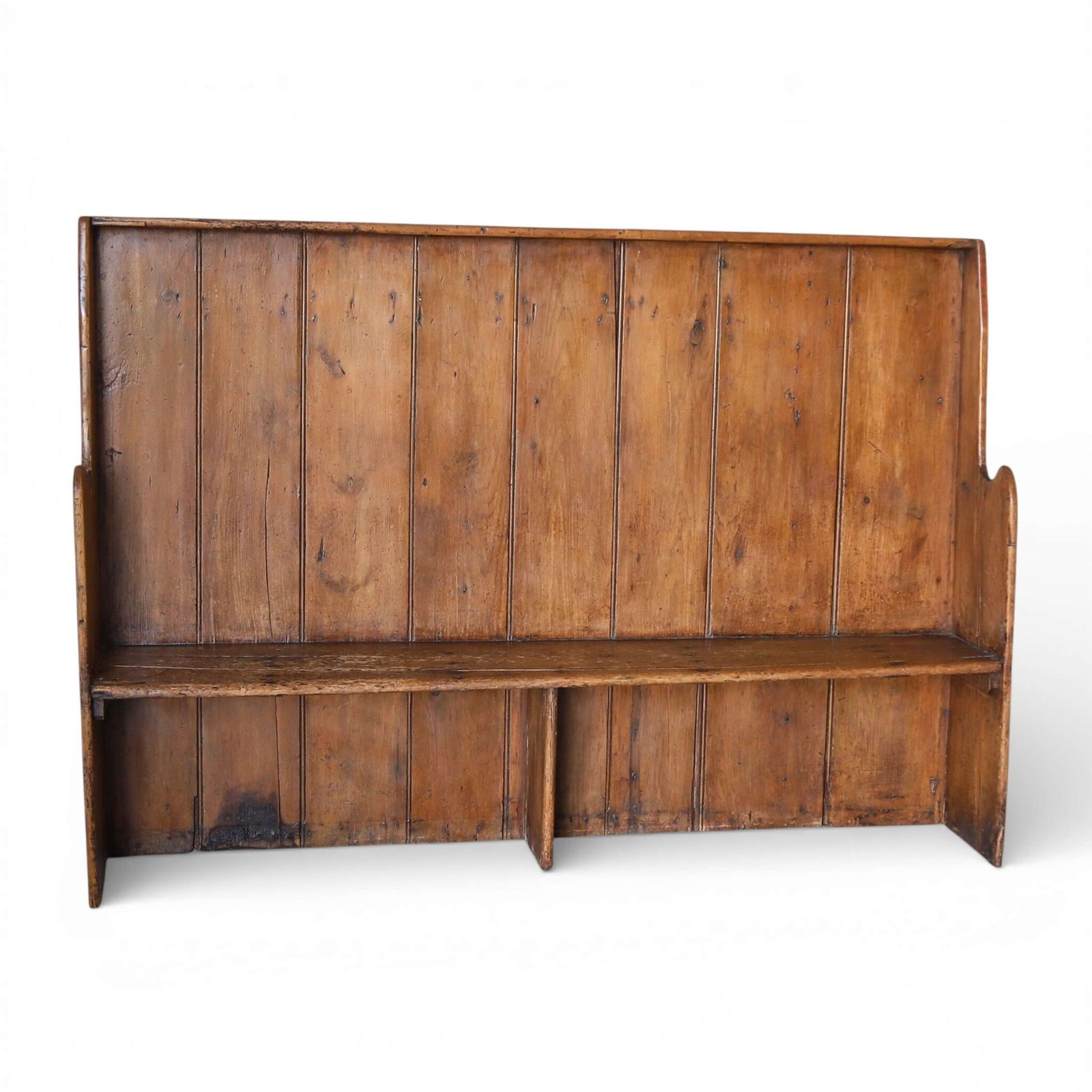 19th Century English Country Pine High‑Back Settle Bench With Honey Brown Patina