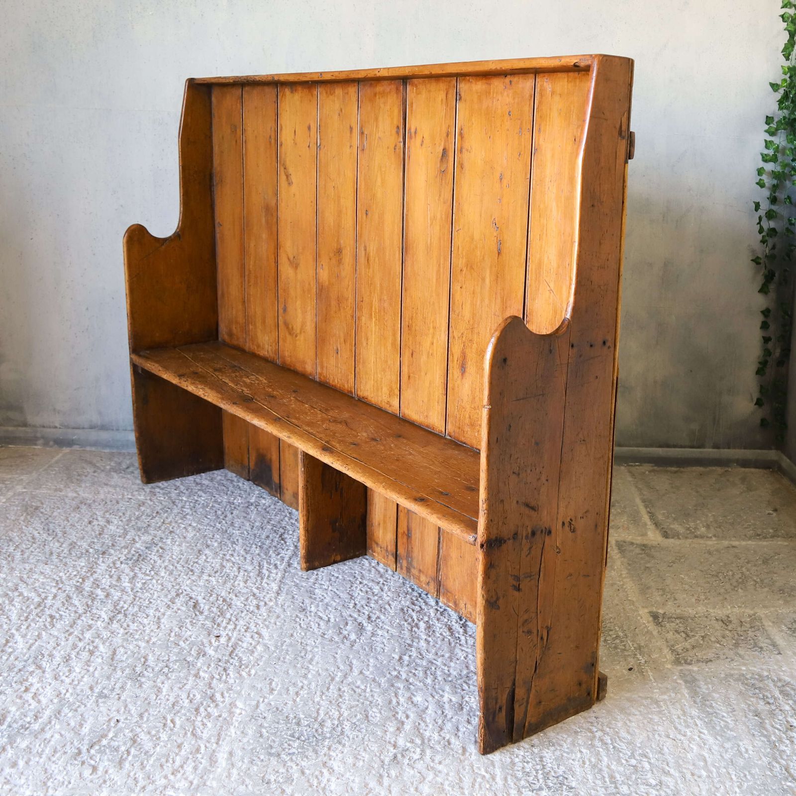 photo buy 19th Century English Country Pine High‑Back Settle Bench With Honey Brown Patina
