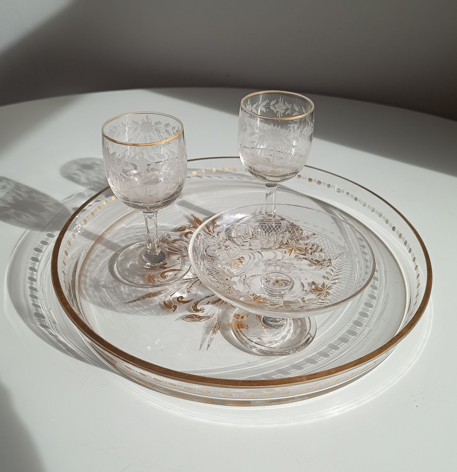 Antique French Crystal Drinks Tray & 2 Glasses: Engraved Garlands, Gilt Decor, Belle Epoque photo furniture