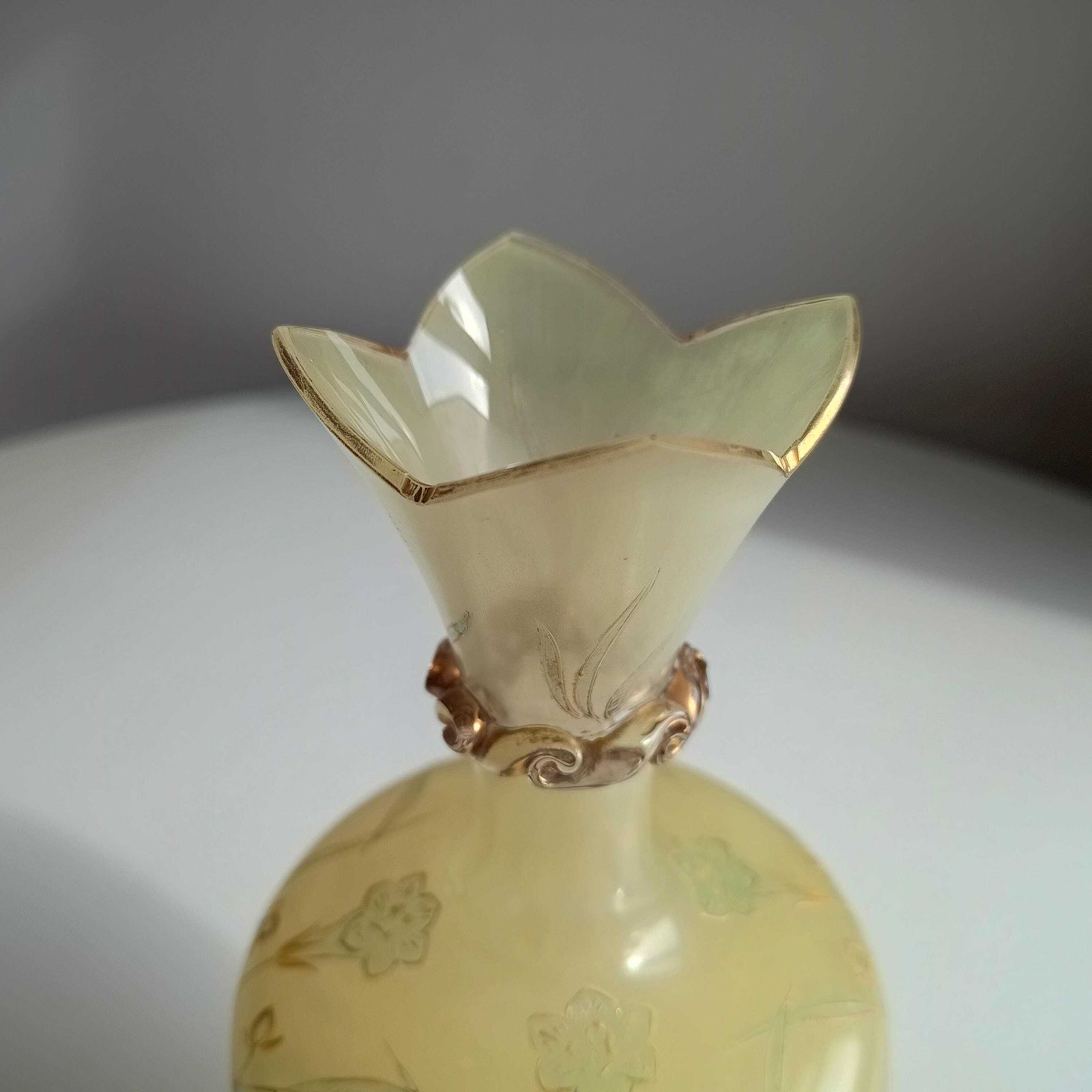 Antique Harrach Belle Epoque Japonisme Gold Paste Enamel Glass Vase: Quatrefoil Geometric Mouth. photo for sale
