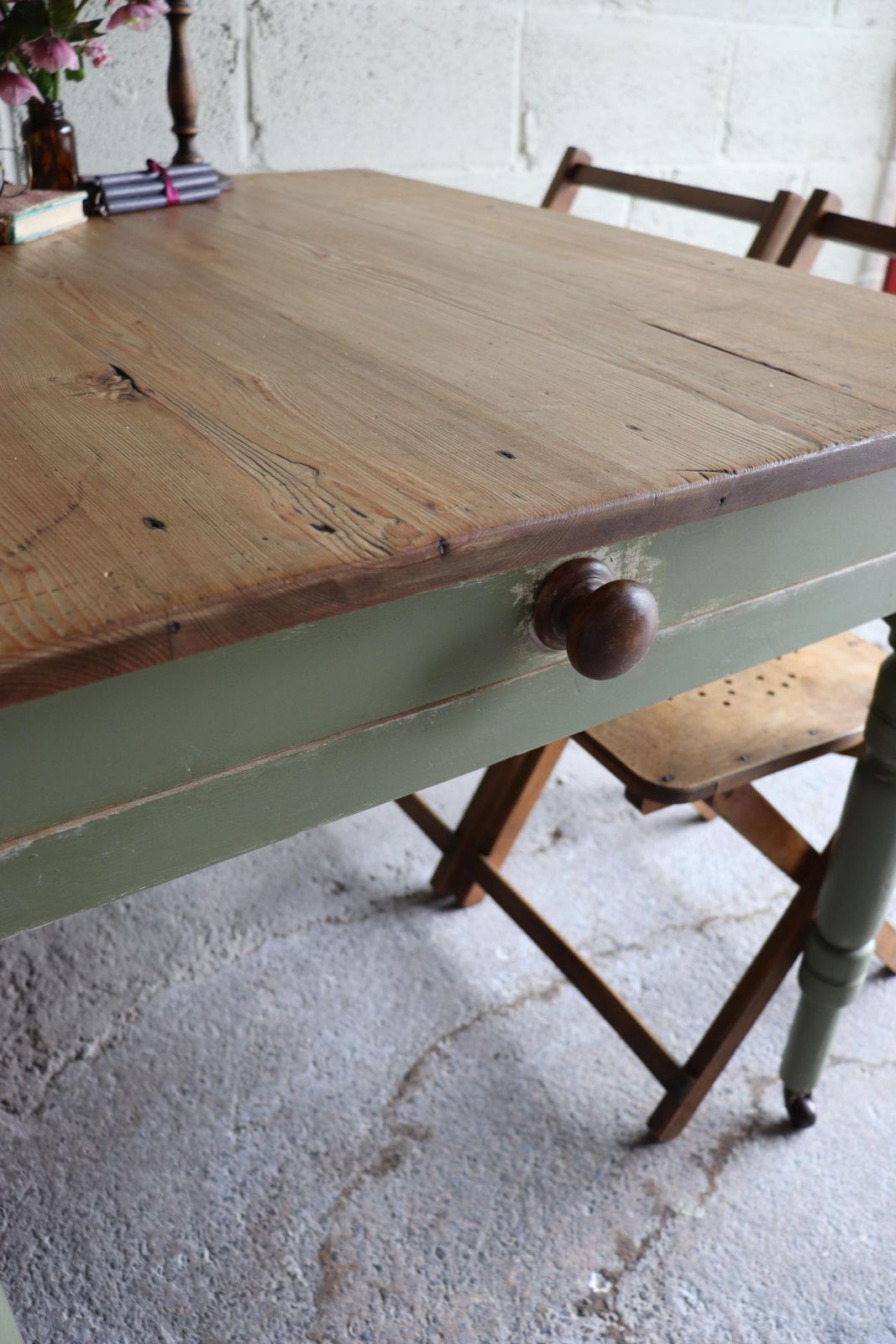 Vintage Pine Farmhouse Table On Castors With Olive Green Paint Finish And Cutlery Drawer photo vinterior