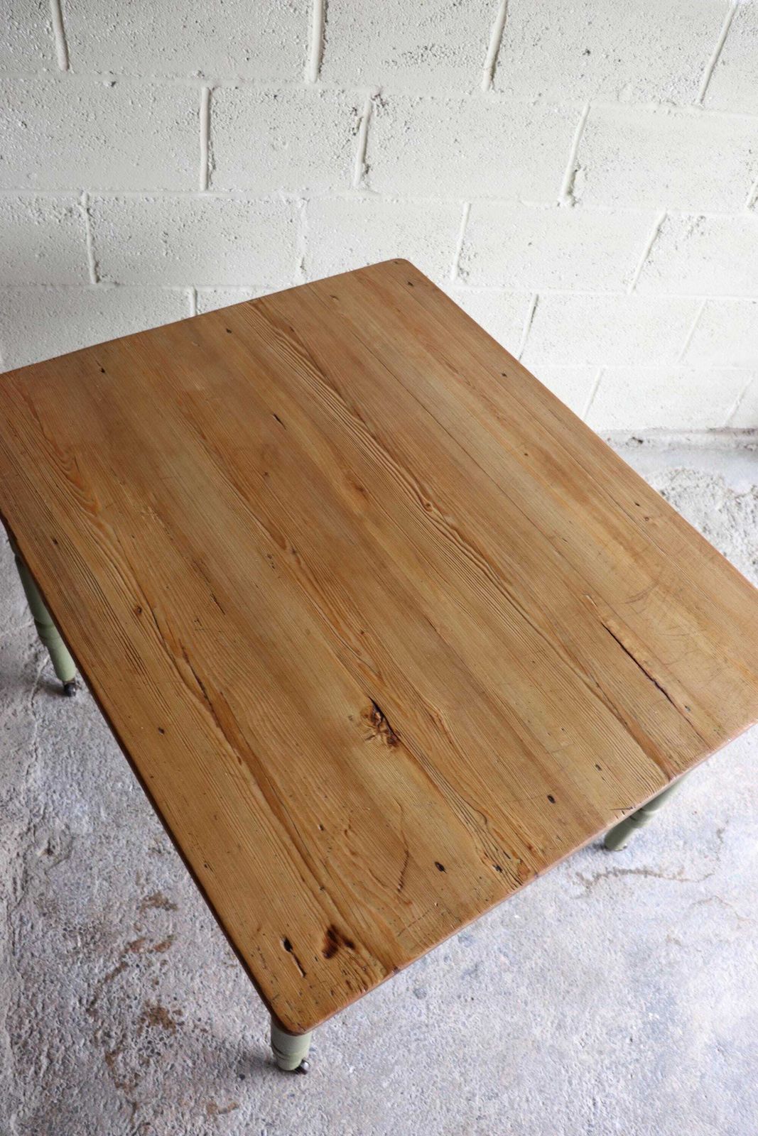 photo buy Vintage Pine Farmhouse Table On Castors With Olive Green Paint Finish And Cutlery Drawer