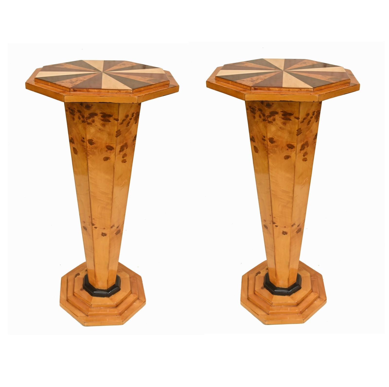 Pair Art Deco Pedestal Tables Side Stands Starburst Inlay