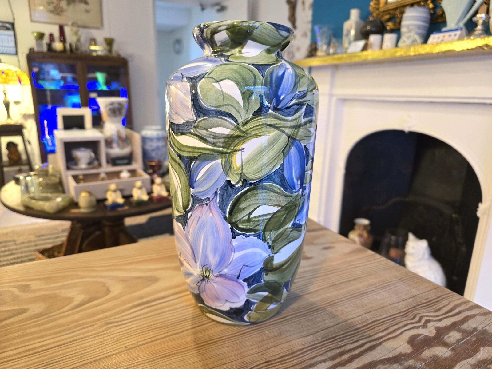Vintage Blue Clematis Large Vase By Valerie And Ken Shelton Studio Pottery, Hand Painted photo Home Decor