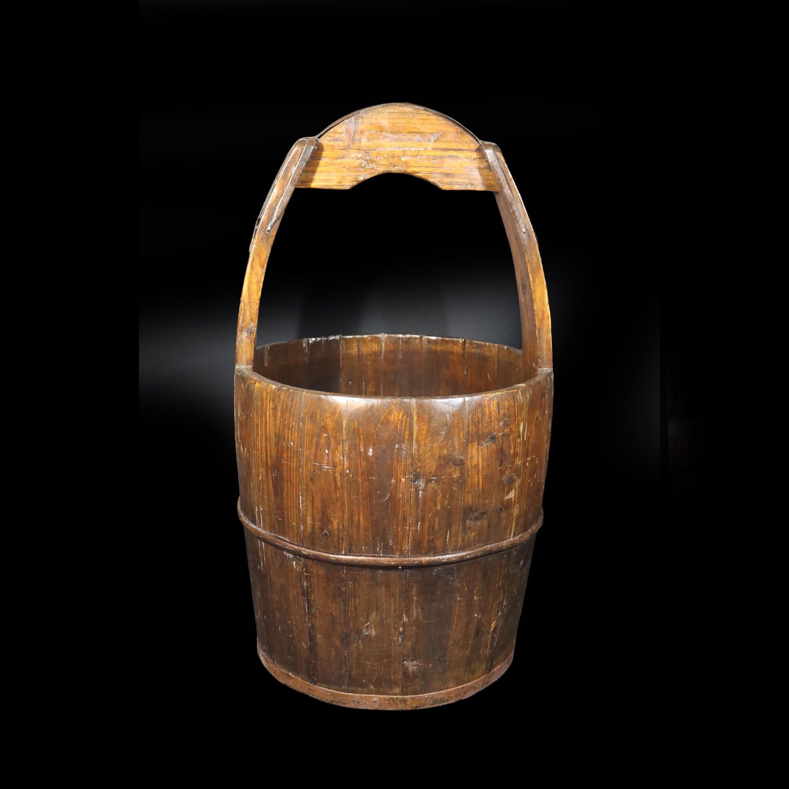 Antique French Wooden Water Well Bucket, Primitive Country Pail With Long Handle photo furniture