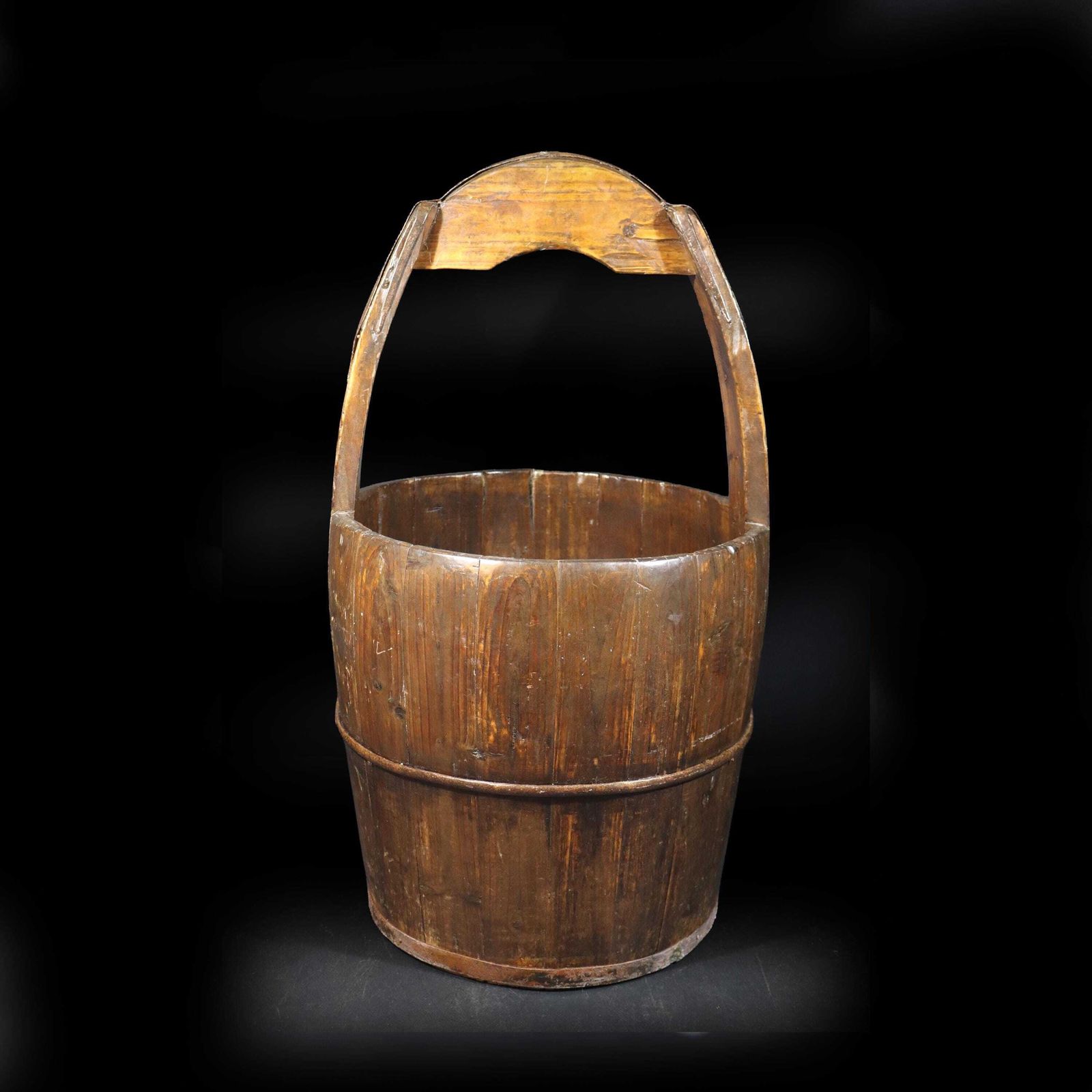 Antique French Wooden Water Well Bucket, Primitive Country Pail With Long Handle photo for sale